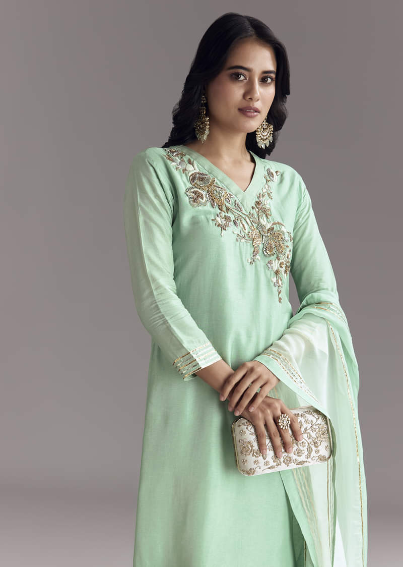 Mint Green Silk Kurta Sharara Set With Gotta Work - Image 4