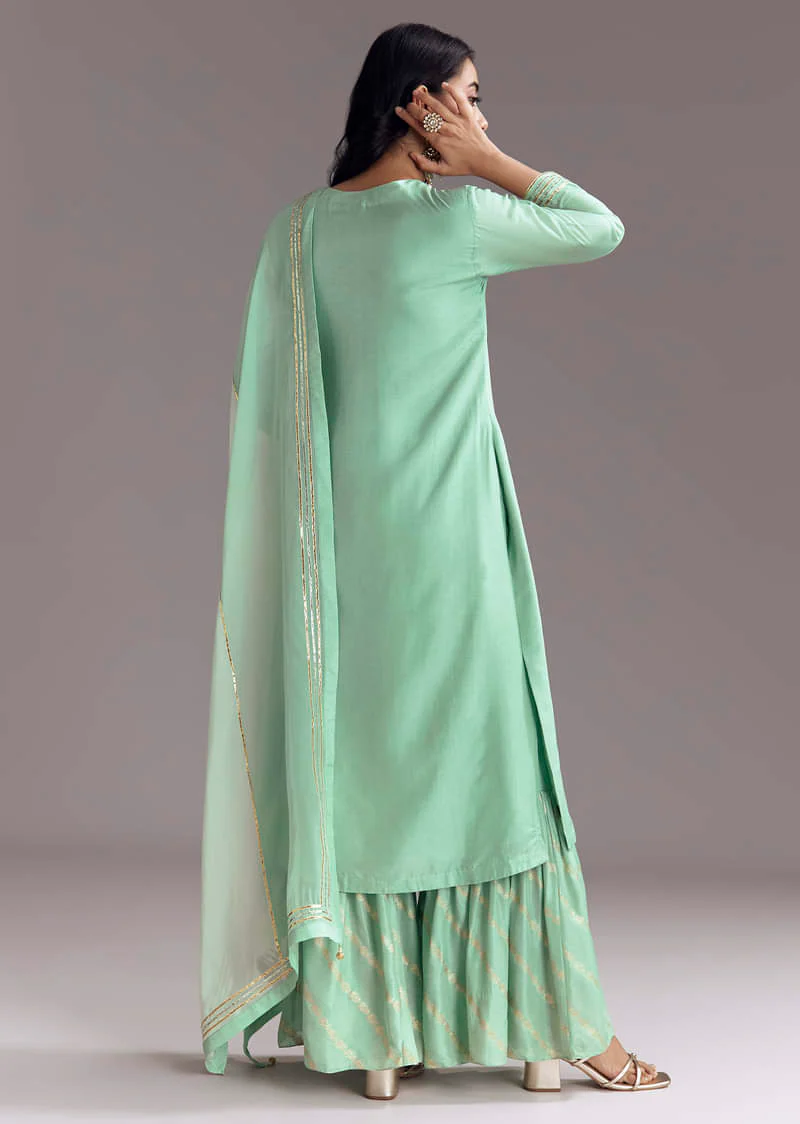 Mint Green Silk Kurta Sharara Set With Gotta Work - Image 5