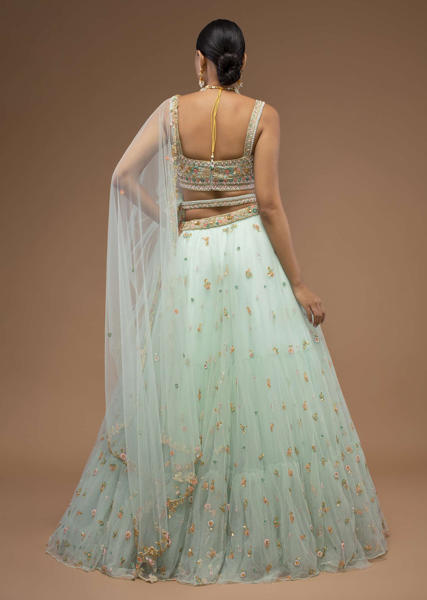 Mint Lehenga And A Crop Top Set Crafted In Net With Sequins And Resham Work - Image 4