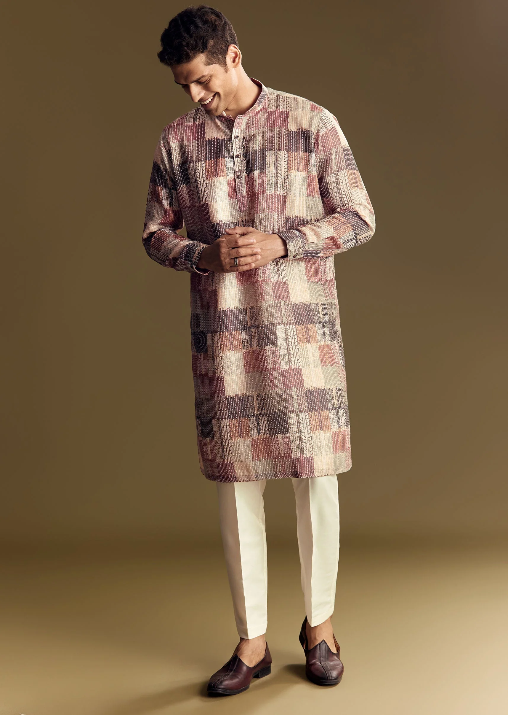 Multi Linen Kurta Set With Artistic Kantha Detailing - Image 2