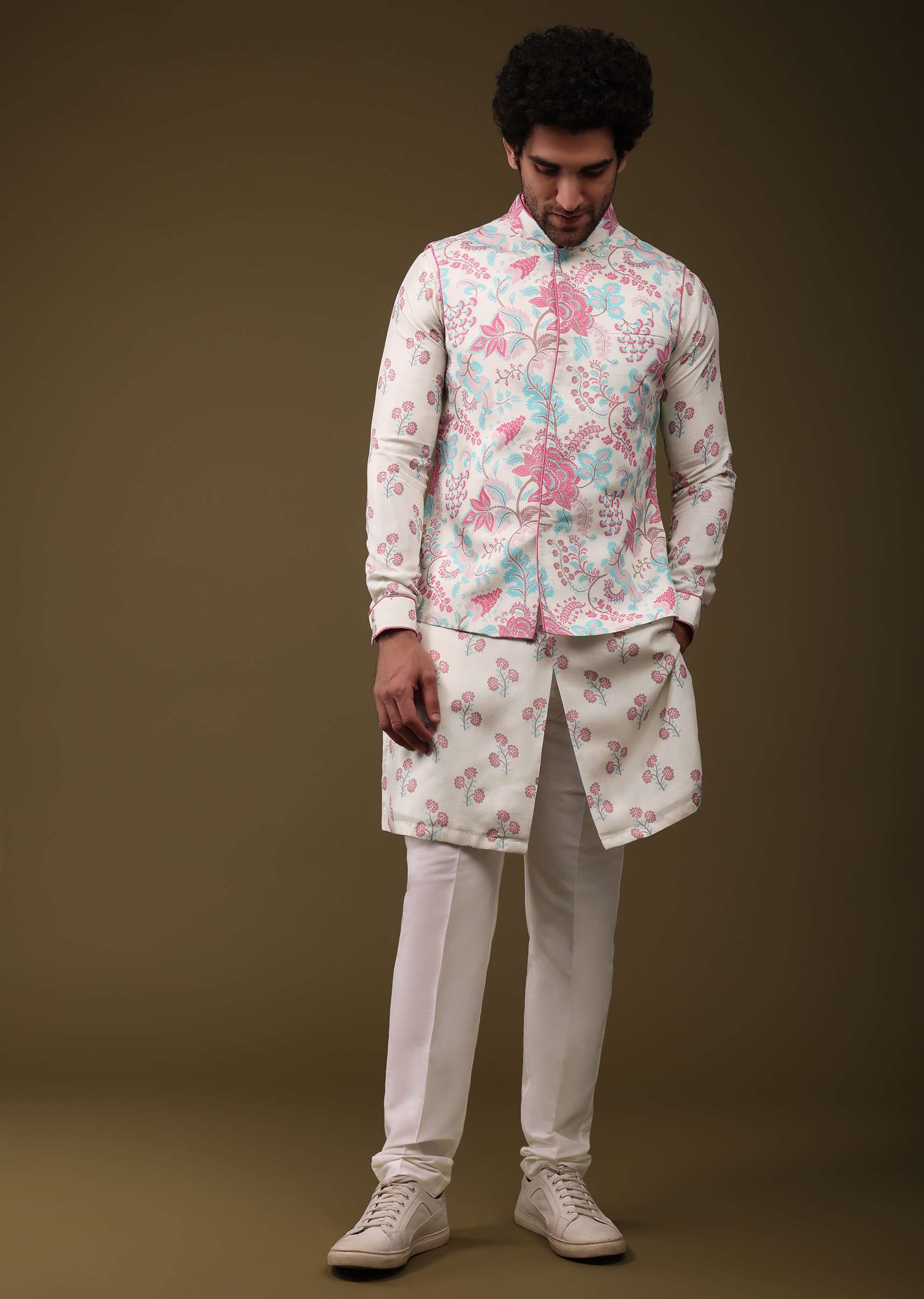 Multicolor Modern Floral Printed Jacket Kurta Set In Silk - Image 3