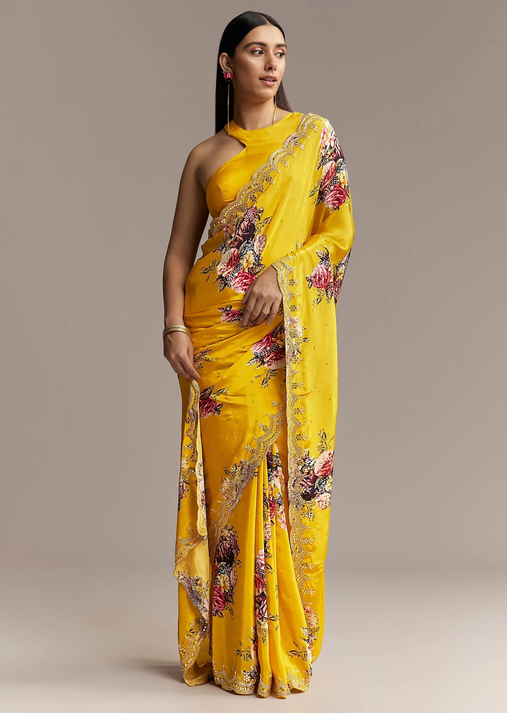 Mustard Crepe Saree With Floral Print And Mirror Border - Image 3