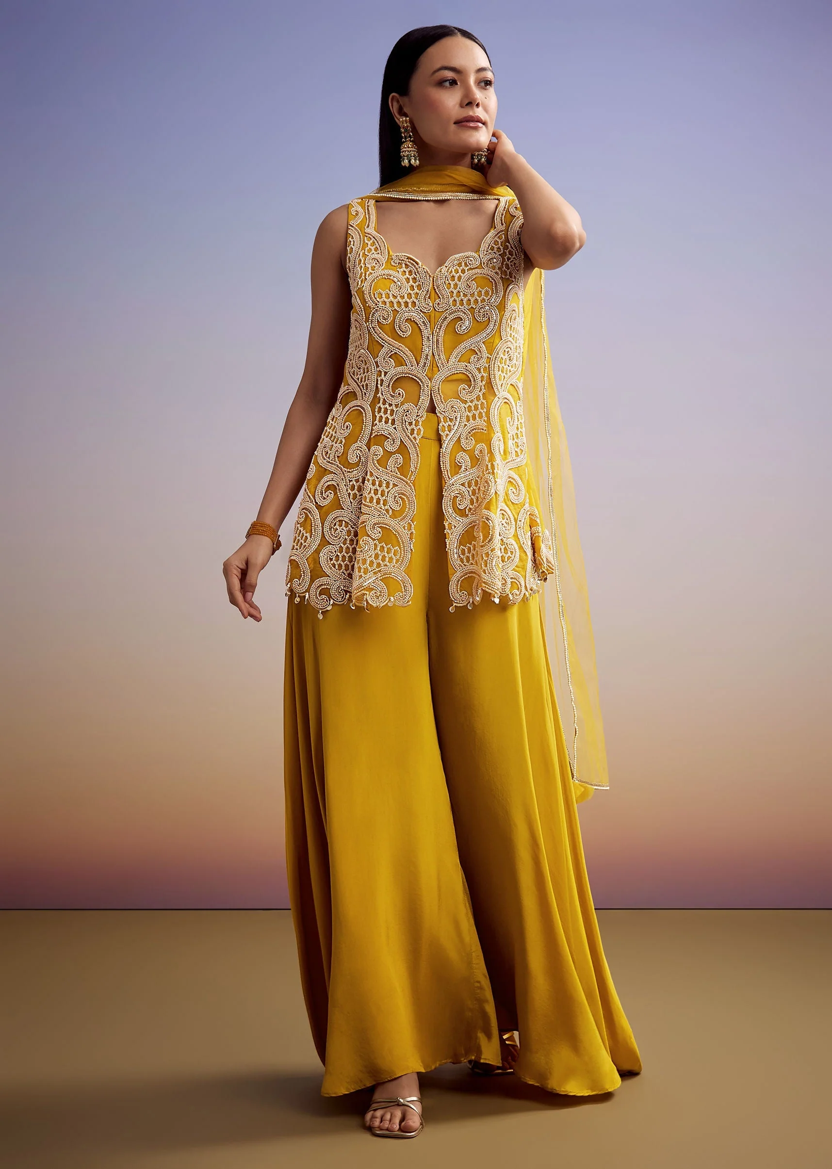 Mustard Net Palazzo Suit With Moti And Cut Dana Work - Image 3