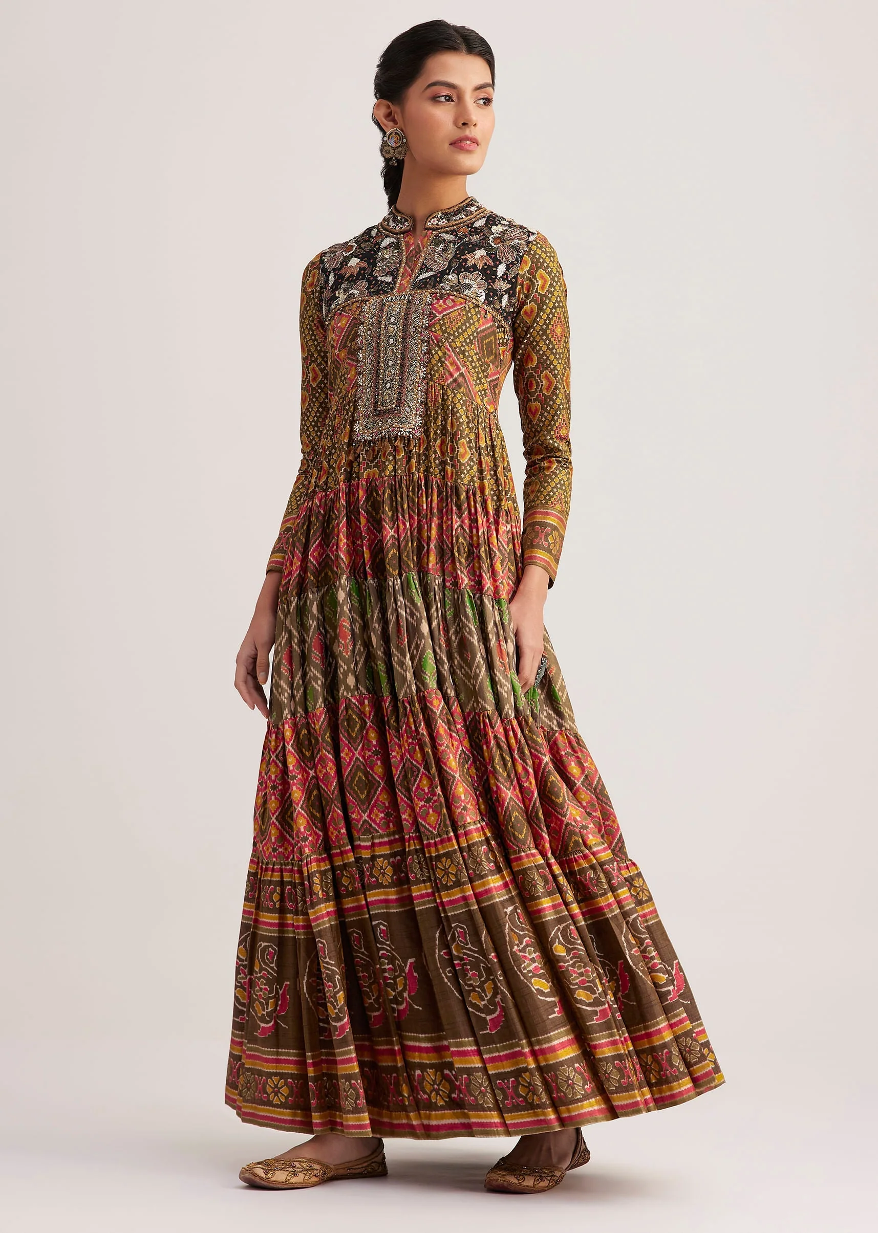Mustard Silk Kurta With Multicolor Patola Print - Image 3