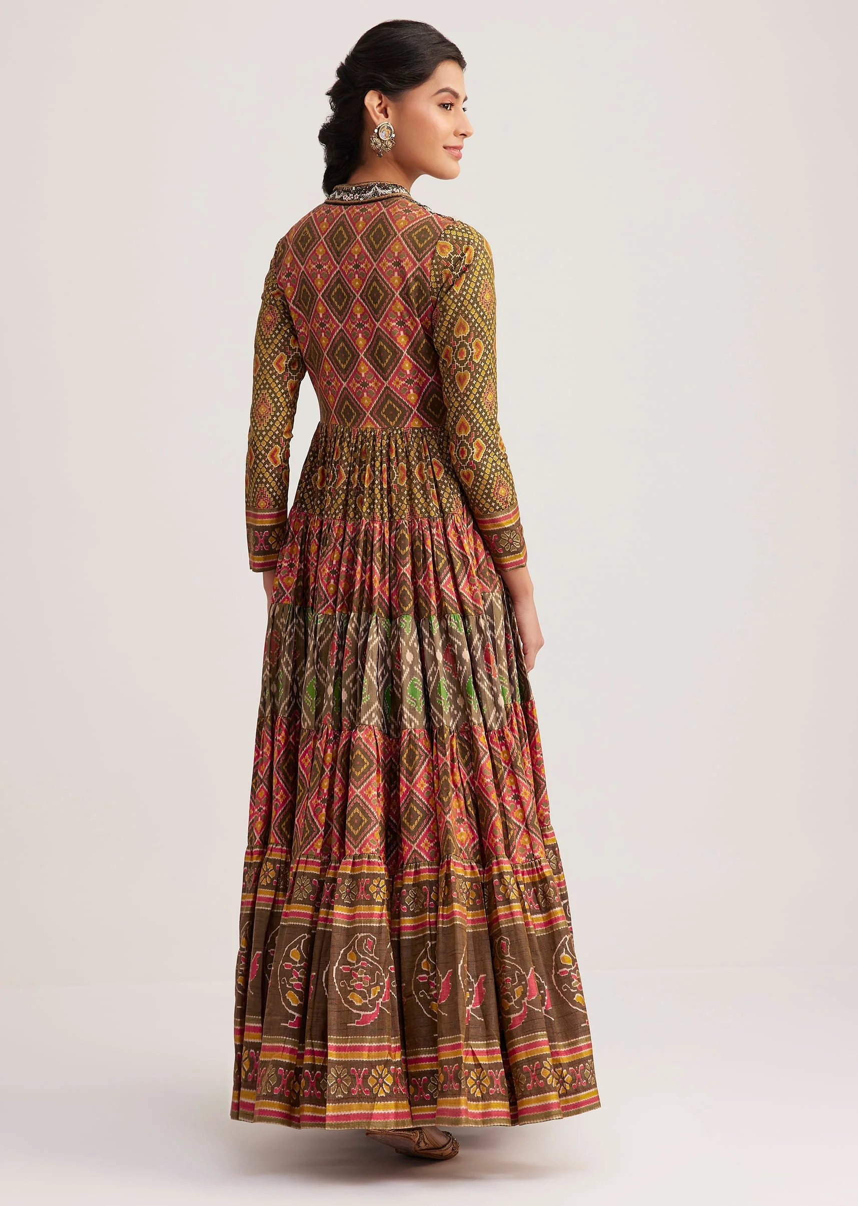 Mustard Silk Kurta With Multicolor Patola Print - Image 5