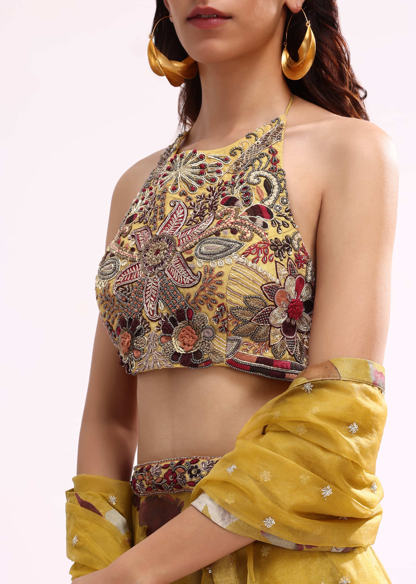 Mustard Yellow Embroidered Tissue Lehenga Choli Set - Image 4