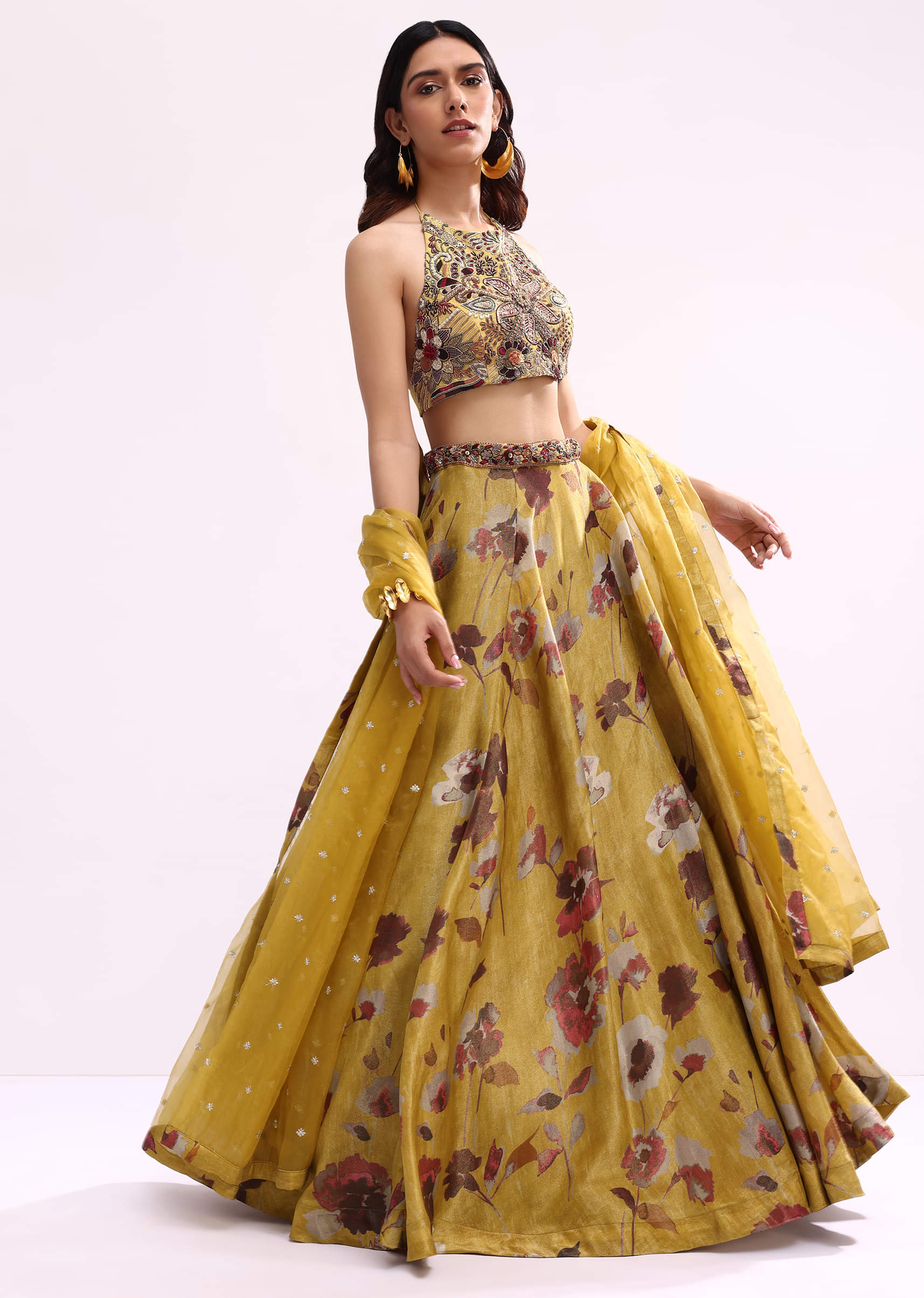 Mustard Yellow Embroidered Tissue Lehenga Choli Set - Image 6