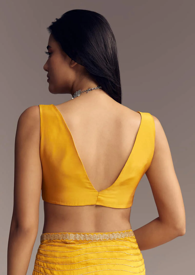 Mustard Yellow Organza Saree With Scallop Border And Stone Work - Image 7