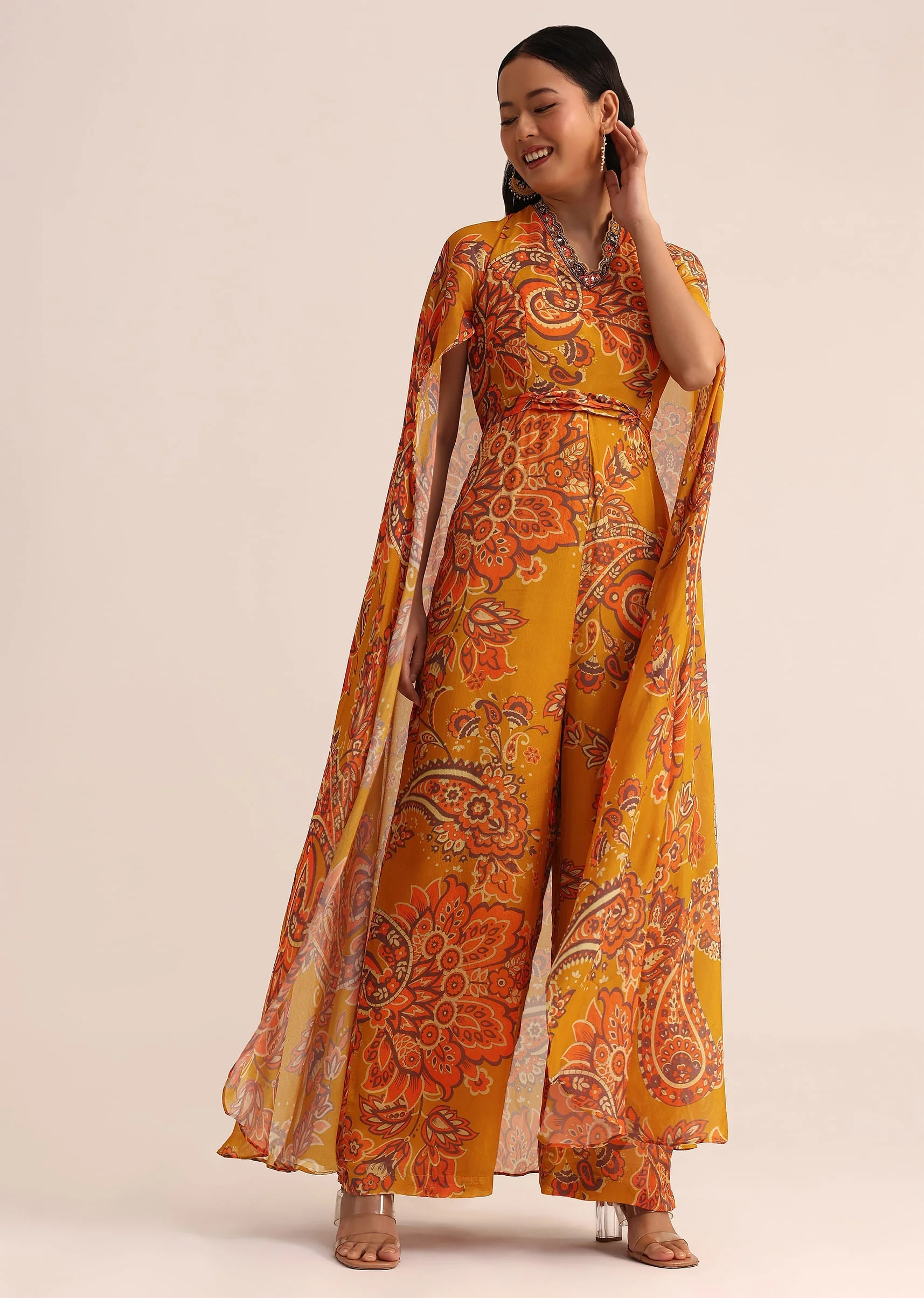 Mustard Yellow Printed Chiffon Jumpsuit