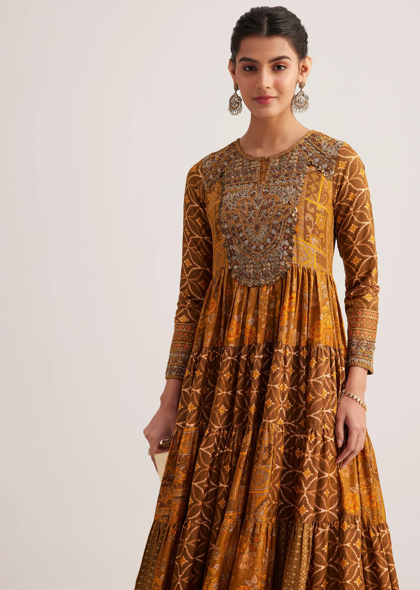 Mustard Yellow Silk Kurta With Indie Print - Image 4