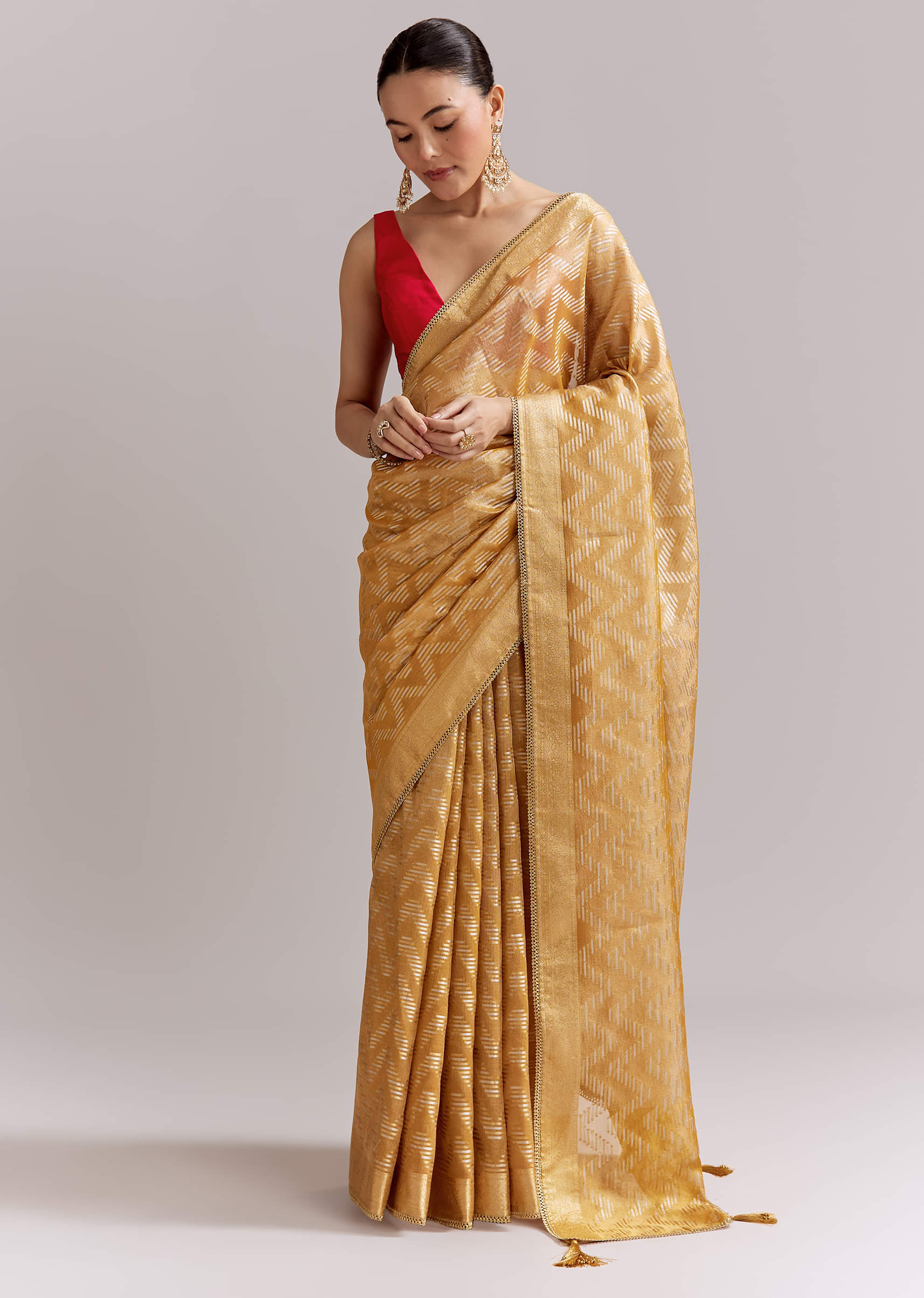 Mustard Yellow Tissue Woven Saree With Gold Tone And Zari Border - Image 11