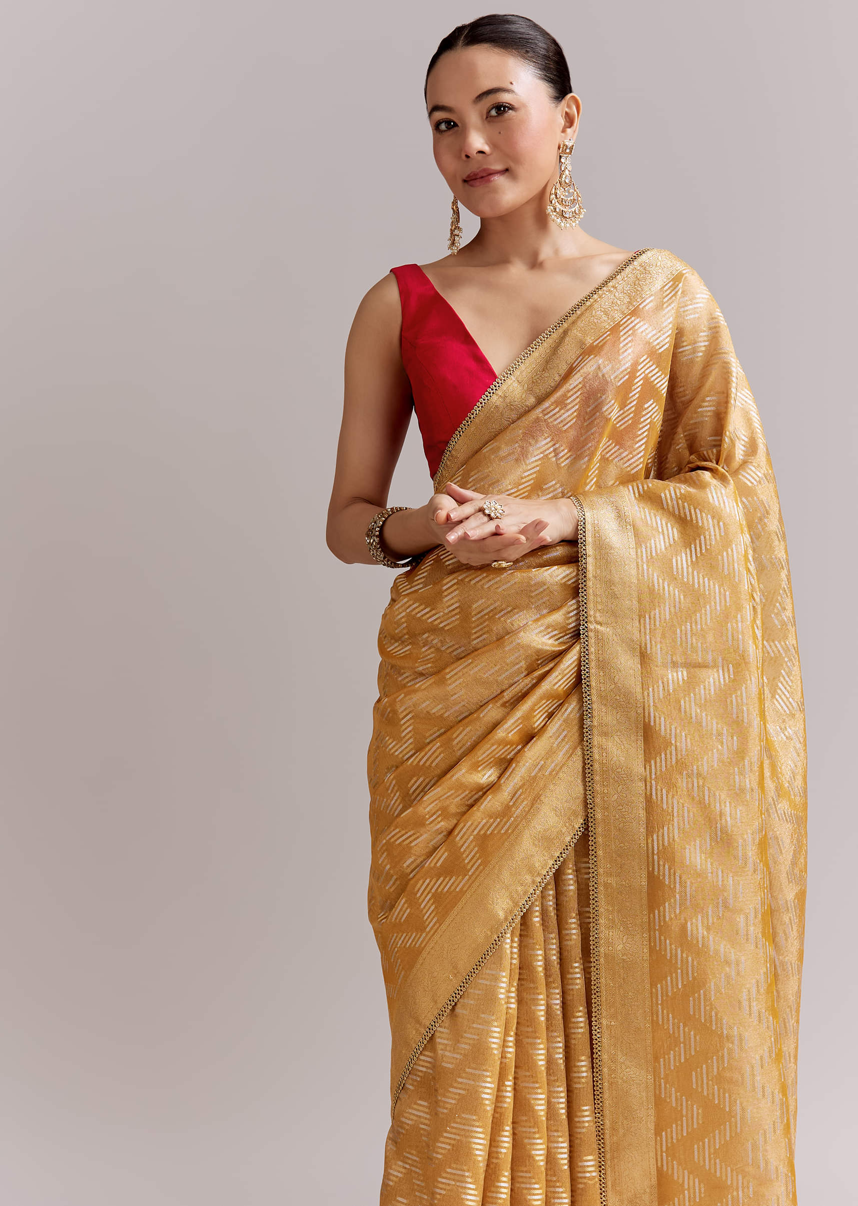 Mustard Yellow Tissue Woven Saree With Gold Tone And Zari Border - Image 5