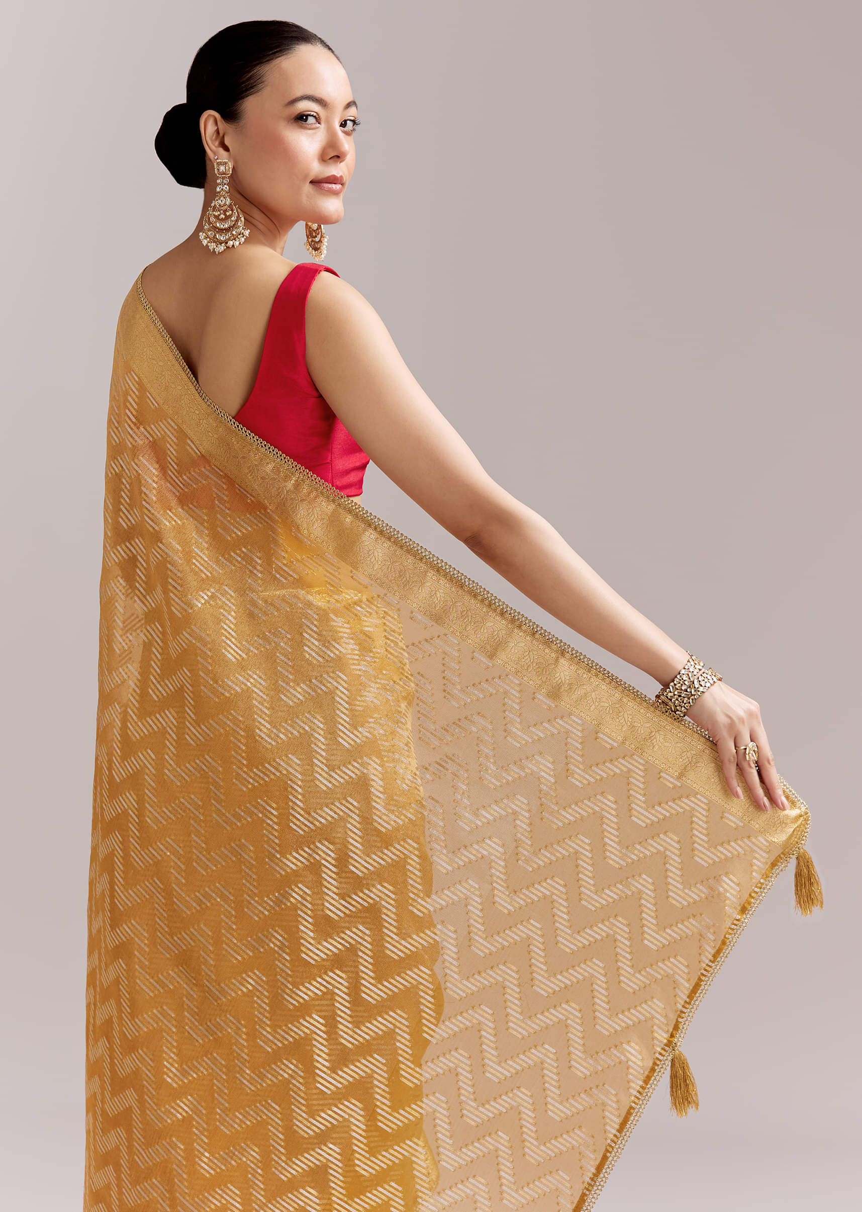 Mustard Yellow Tissue Woven Saree With Gold Tone And Zari Border - Image 6