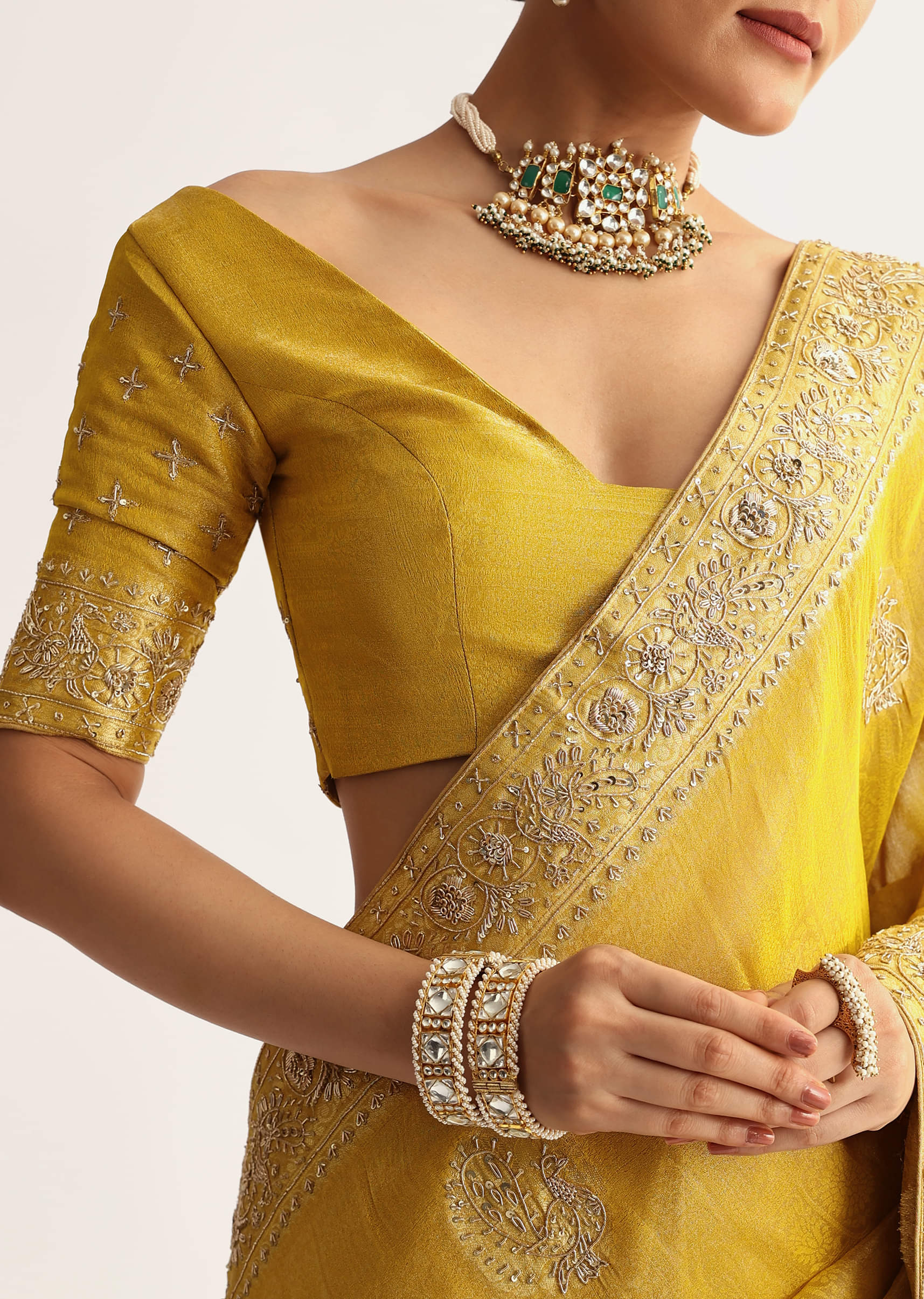 Musturd Yellow Silk Saree With Pallu And Border Embroidery - Image 2