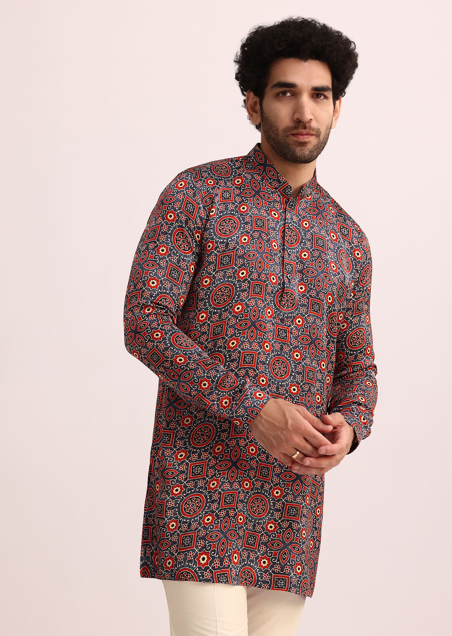 Blue And Red Printed Silk Kurta - Image 4