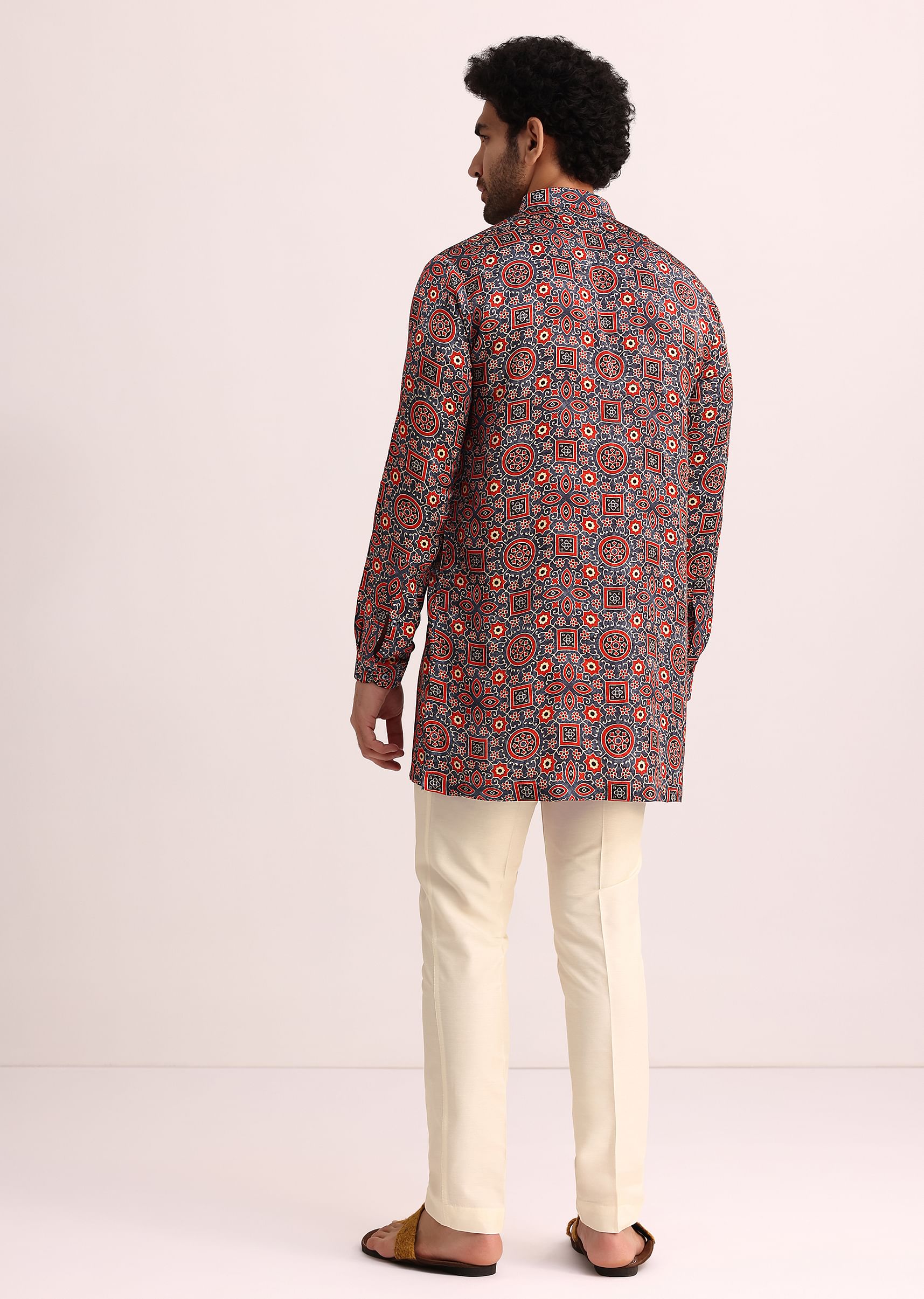 Blue And Red Printed Silk Kurta - Image 5