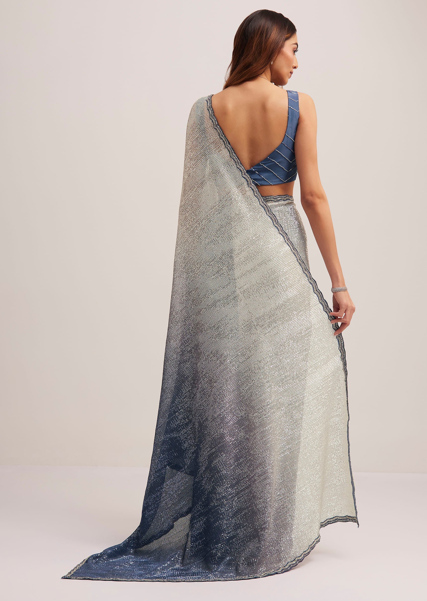Navy Blue Dual Shaded Sequins Saree With Scalloped Border - Image 4