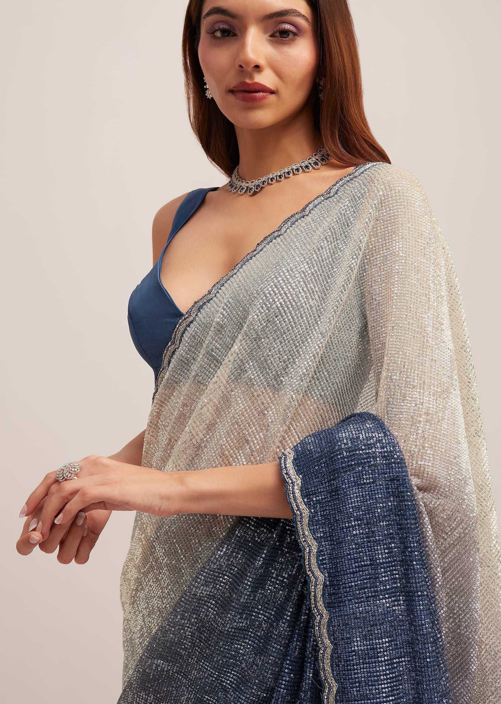 Navy Blue Dual Shaded Sequins Saree With Scalloped Border - Image 5
