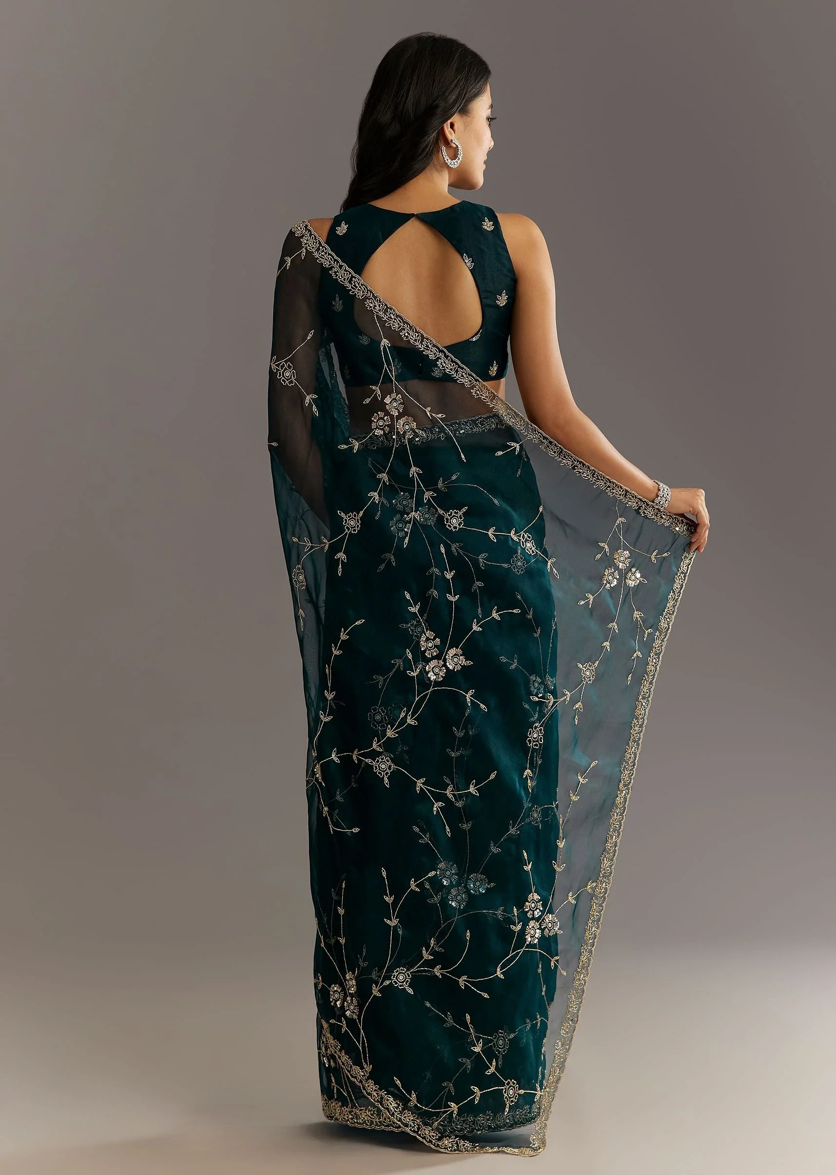 Navy Blue Floral Jaal Embroidered Tissue Saree With Cutdana And Sequins - Image 4