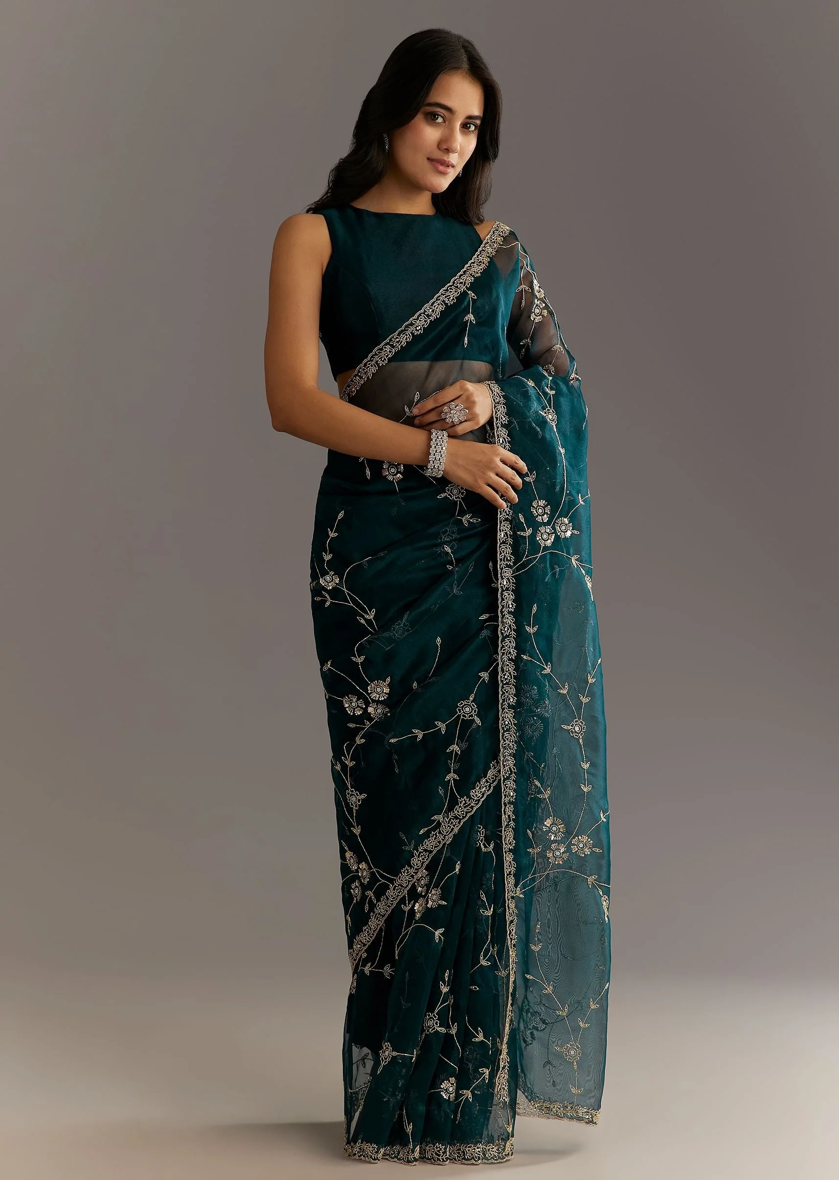 Navy Blue Floral Jaal Embroidered Tissue Saree With Cutdana And Sequins - Image 5