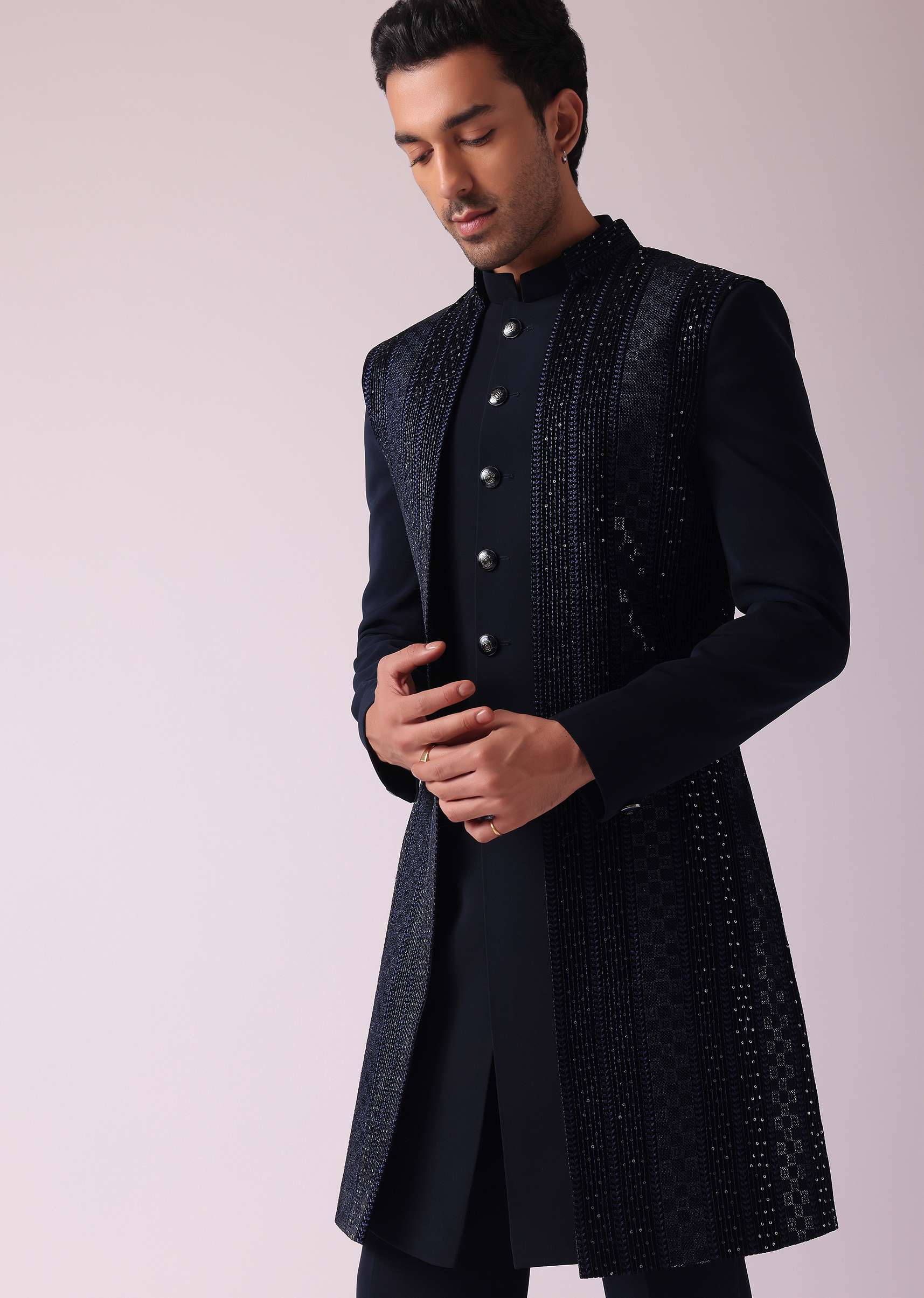Navy Blue Geometric Patterned Achkan Style Indo Western Set - Image 3
