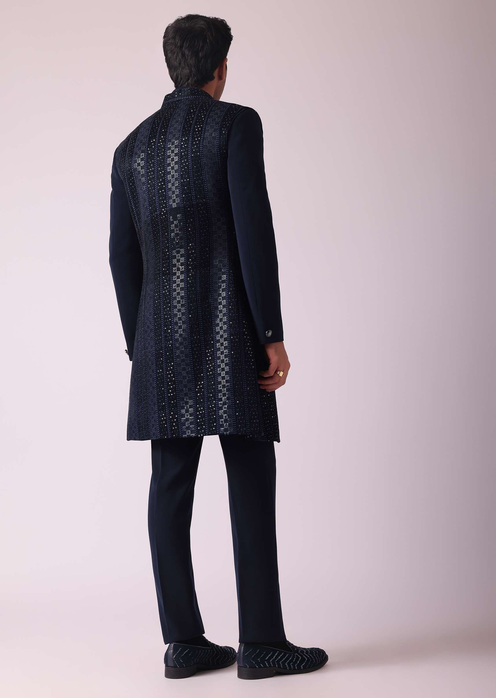 Navy Blue Geometric Patterned Achkan Style Indo Western Set - Image 6
