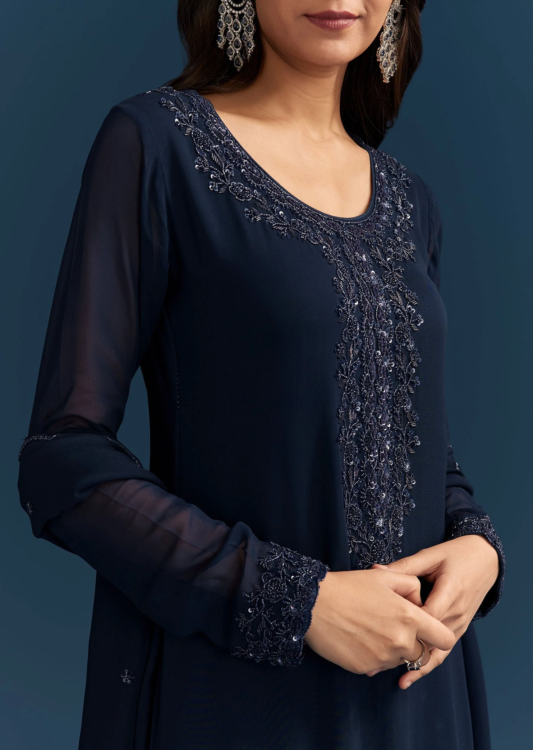 Navy Blue Georgette Sharara Suit With Embroidered Kurta And Dupatta - Image 2