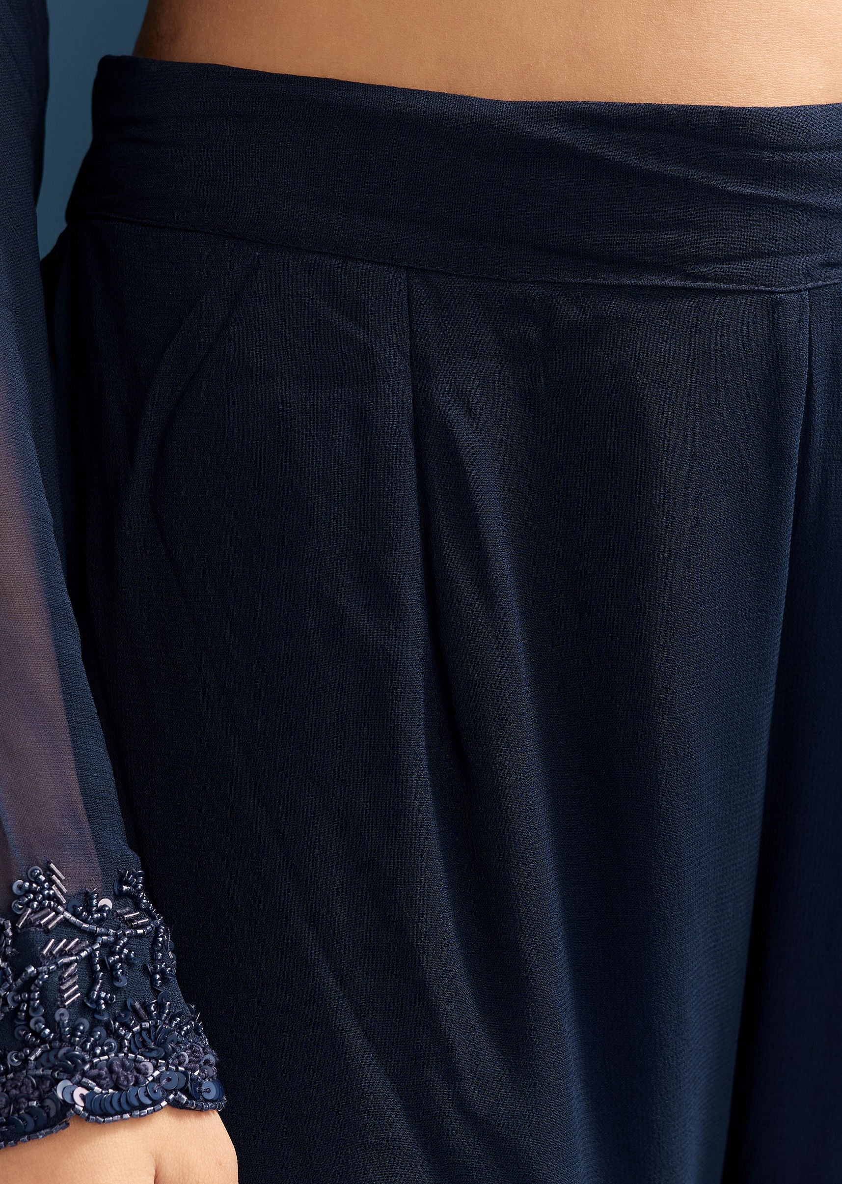 Navy Blue Georgette Sharara Suit With Embroidered Kurta And Dupatta - Image 6