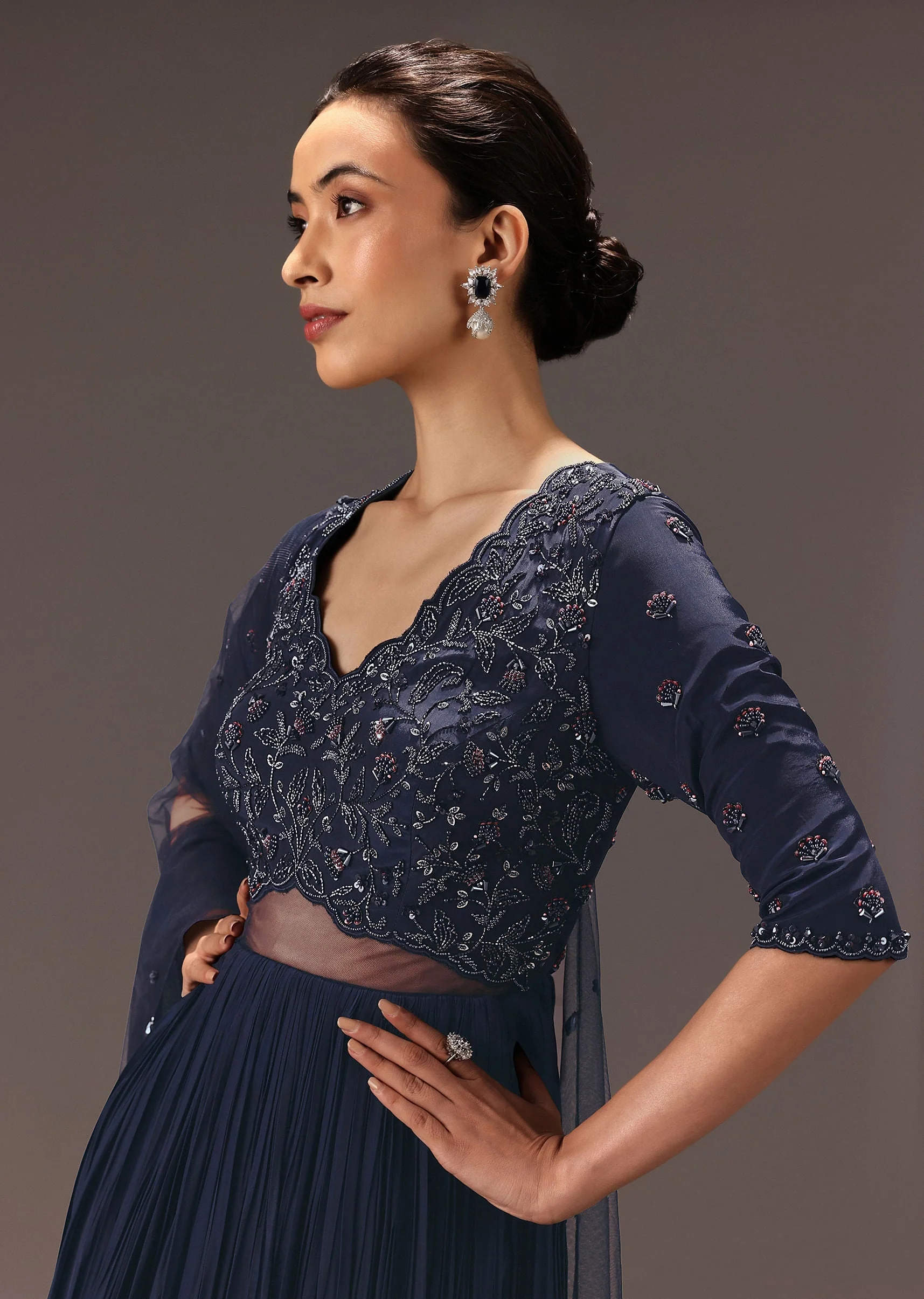 Navy Blue Hand Embroidered Anarkali Suit With Dupatta - Image 2