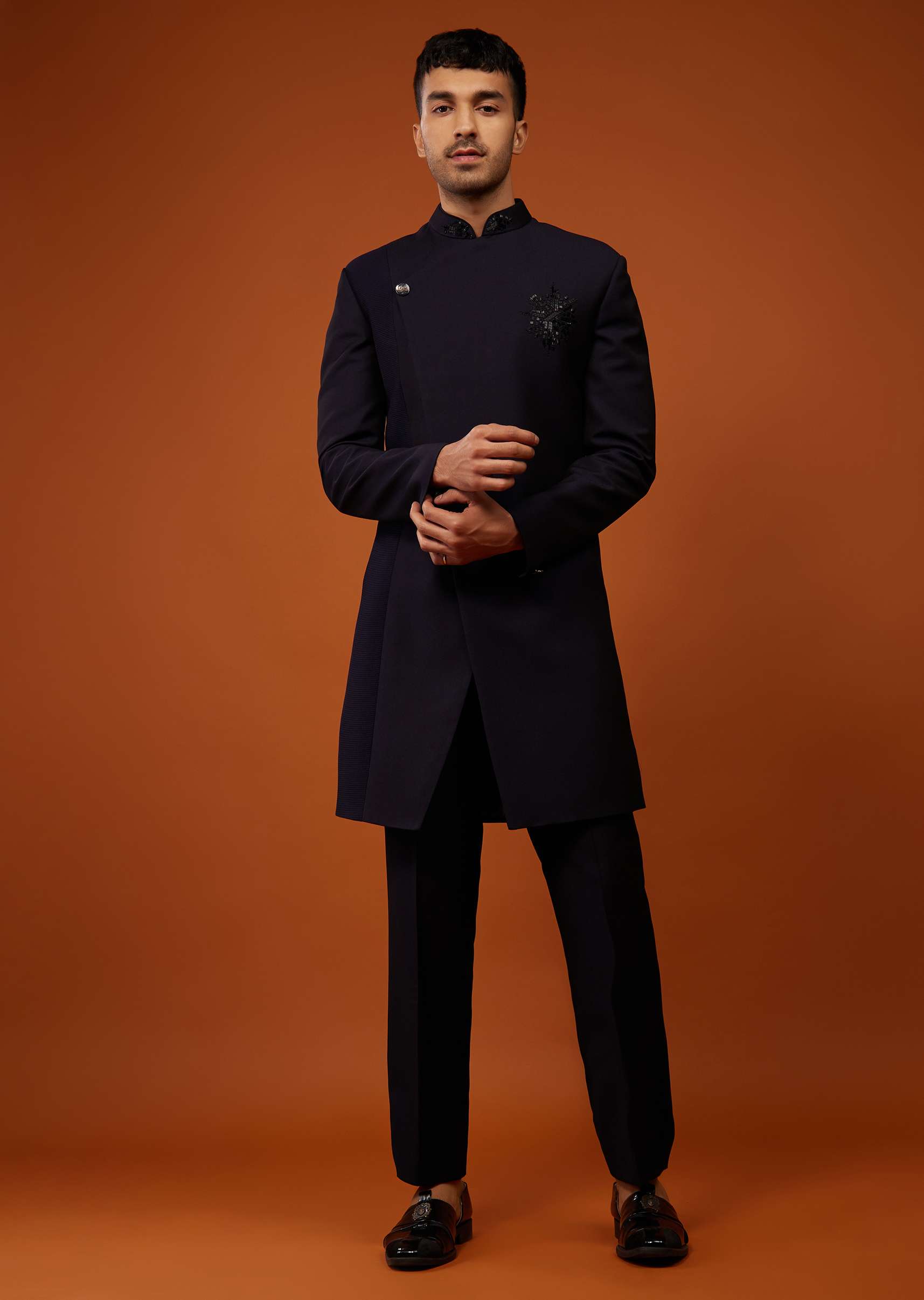 Navy Blue Indo-Western Embroidered Sherwani Set In Imported Suiting Fabric - Image 4