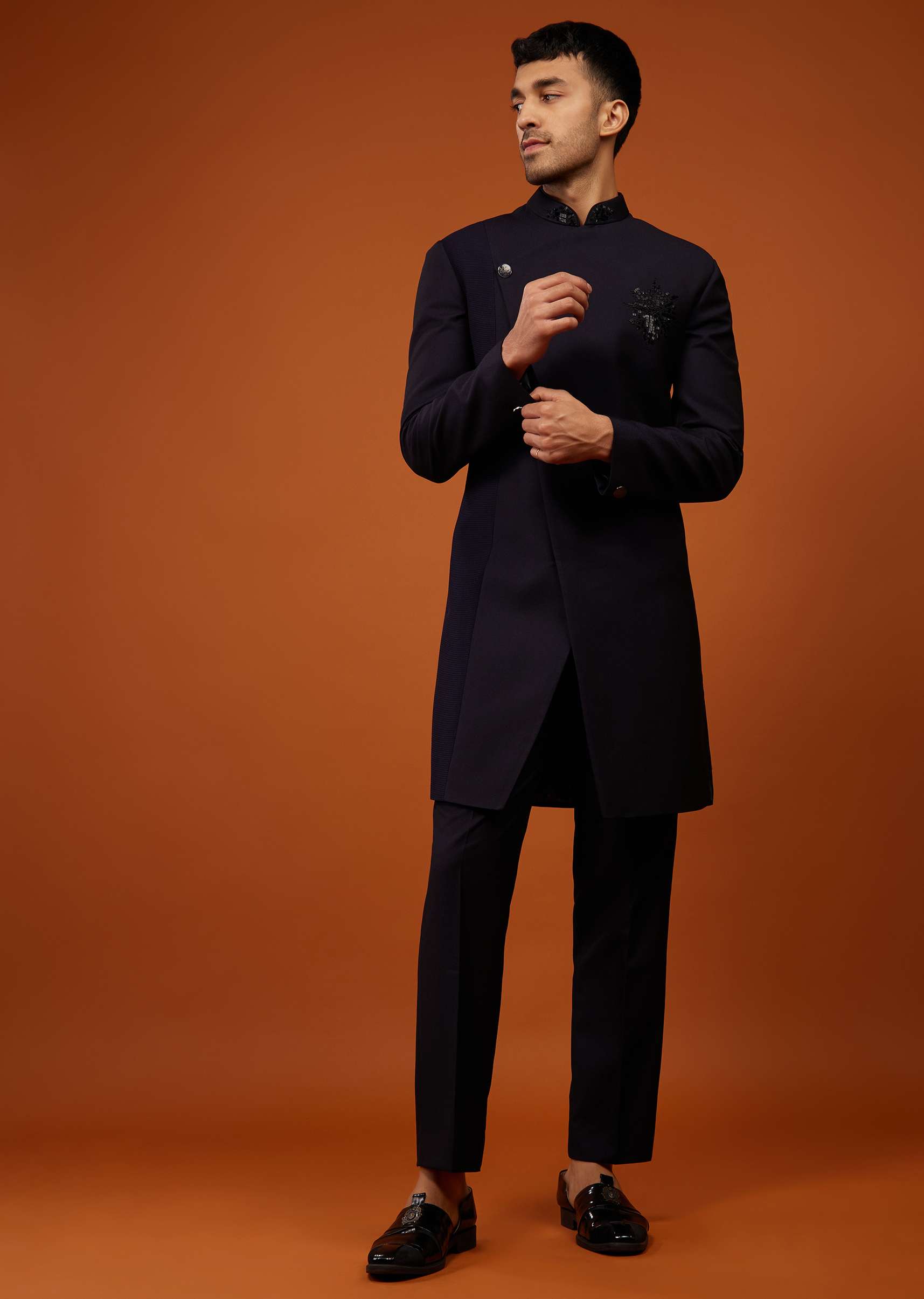 Navy Blue Indo-Western Embroidered Sherwani Set In Imported Suiting Fabric - Image 5