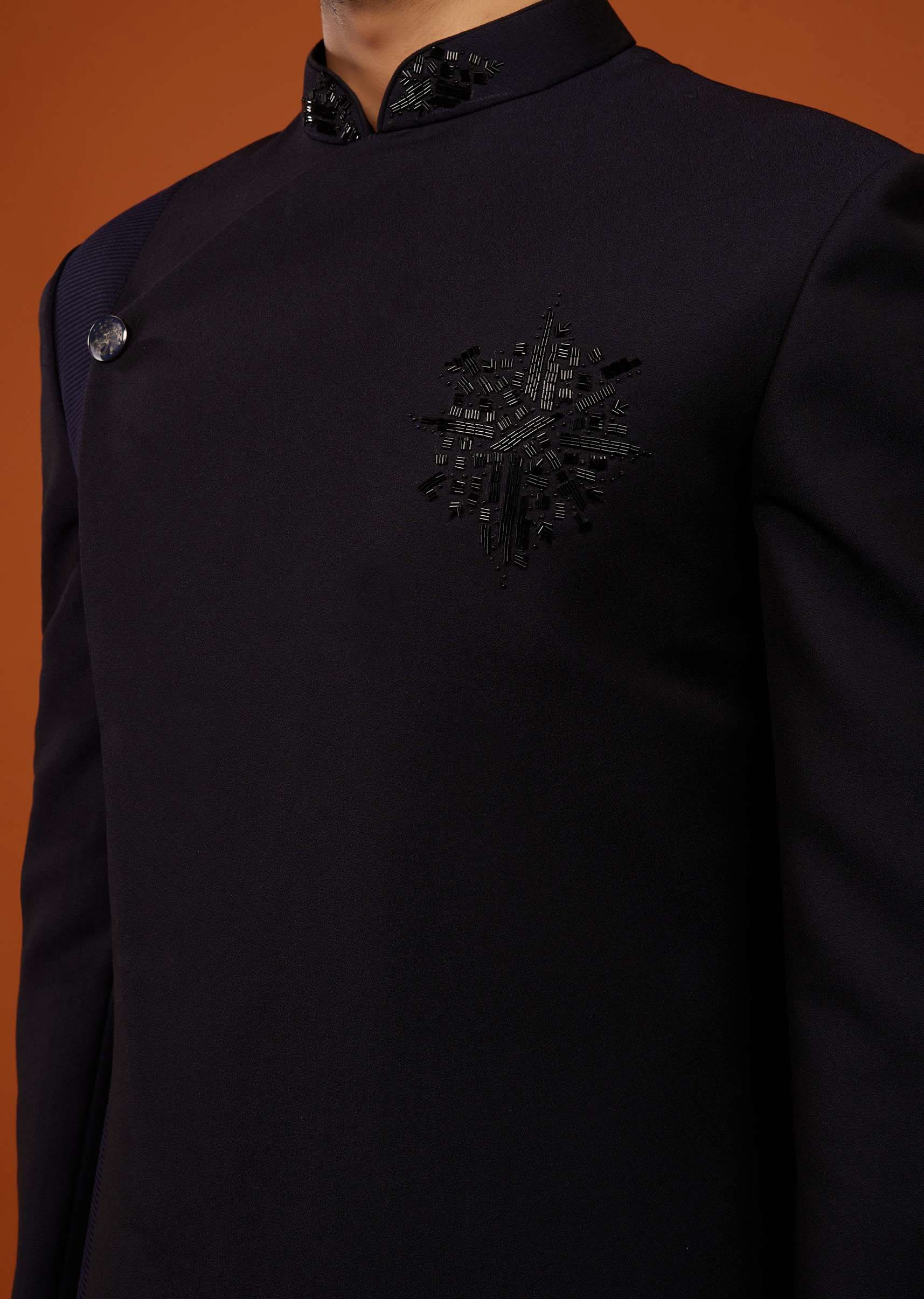 Navy Blue Indo-Western Embroidered Sherwani Set In Imported Suiting Fabric - Image 6