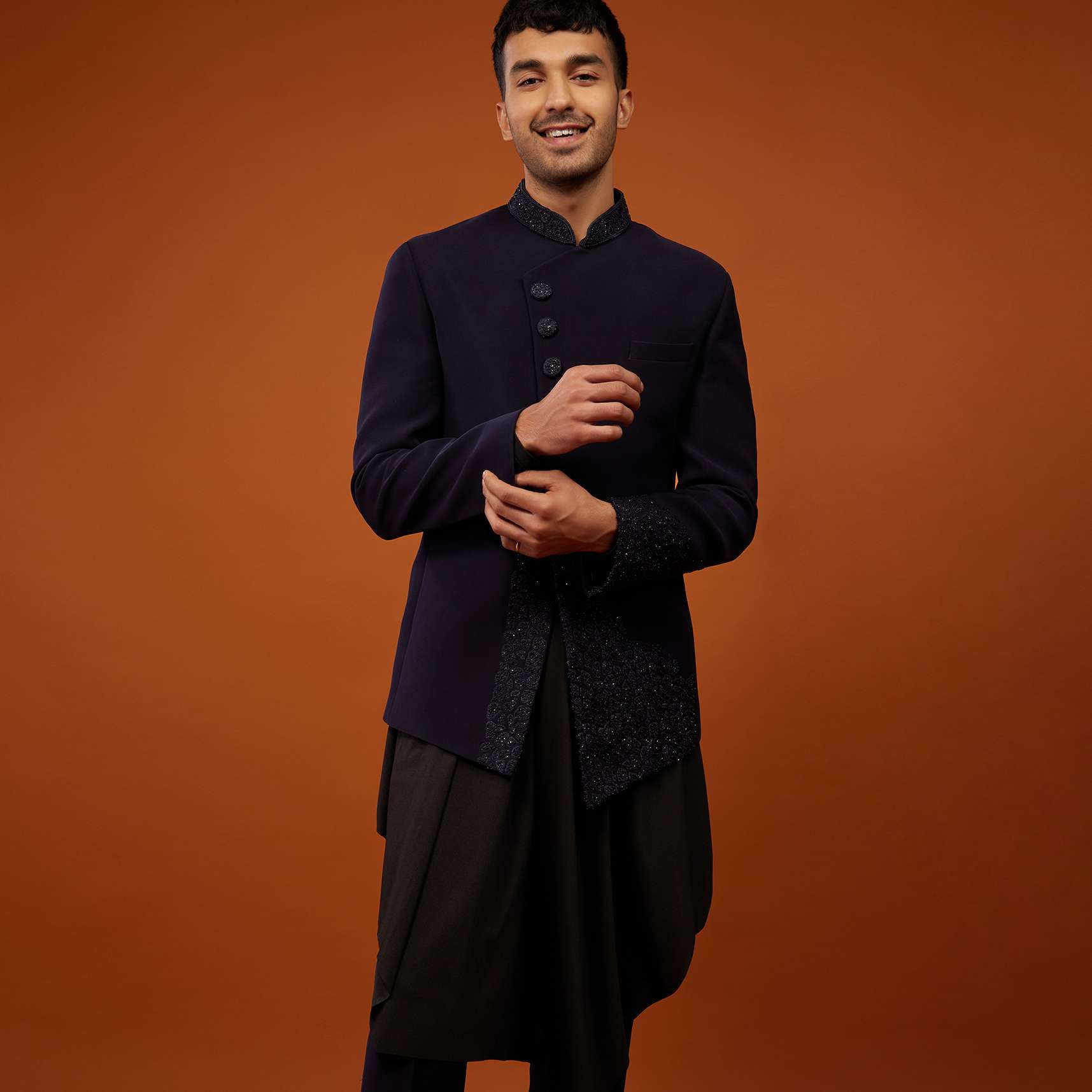 Navy Blue Indo-Western Sherwani Set Embroidered In Imported Suiting Fabric - Image 4