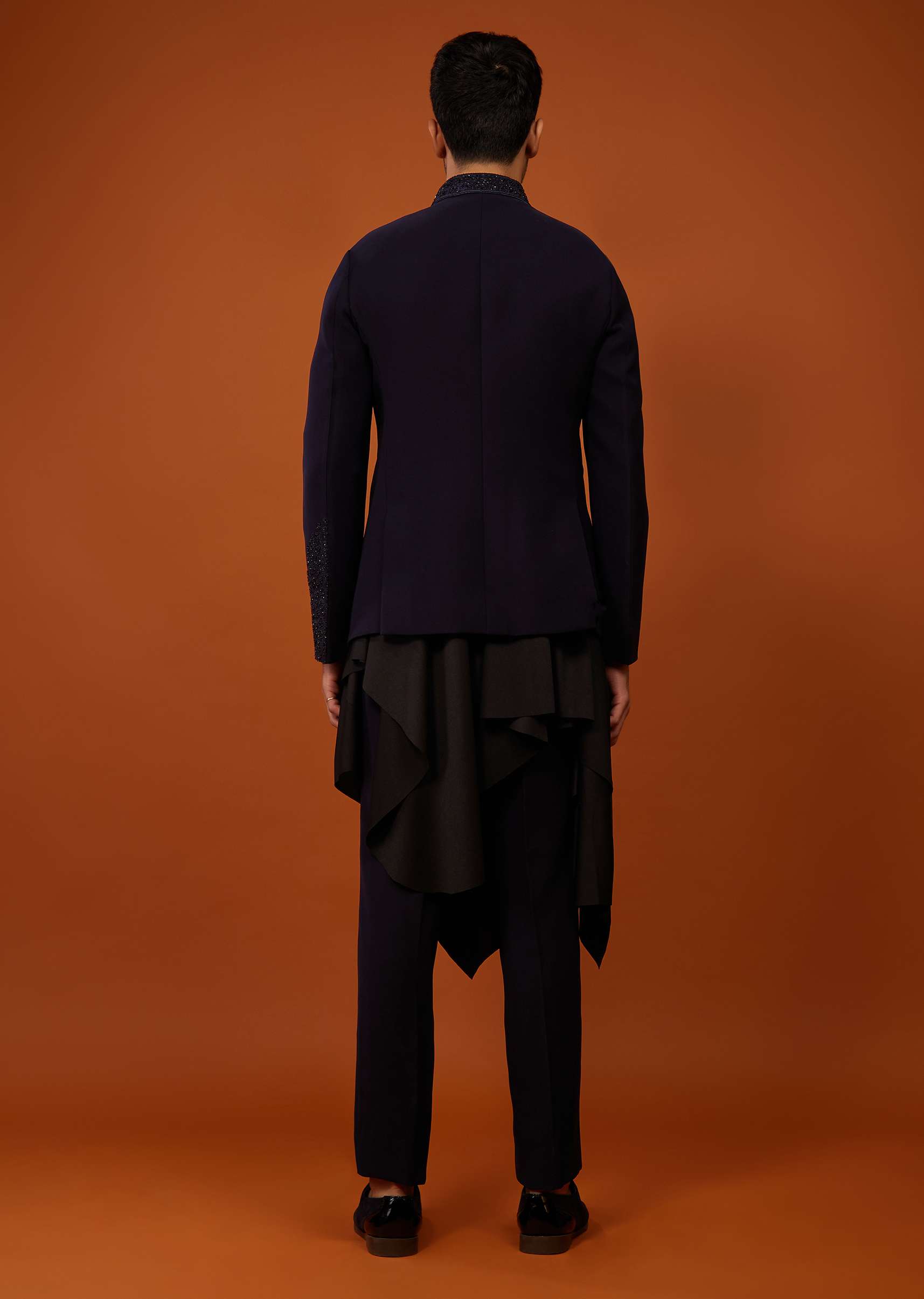 Navy Blue Indo-Western Sherwani Set Embroidered In Imported Suiting Fabric - Image 6