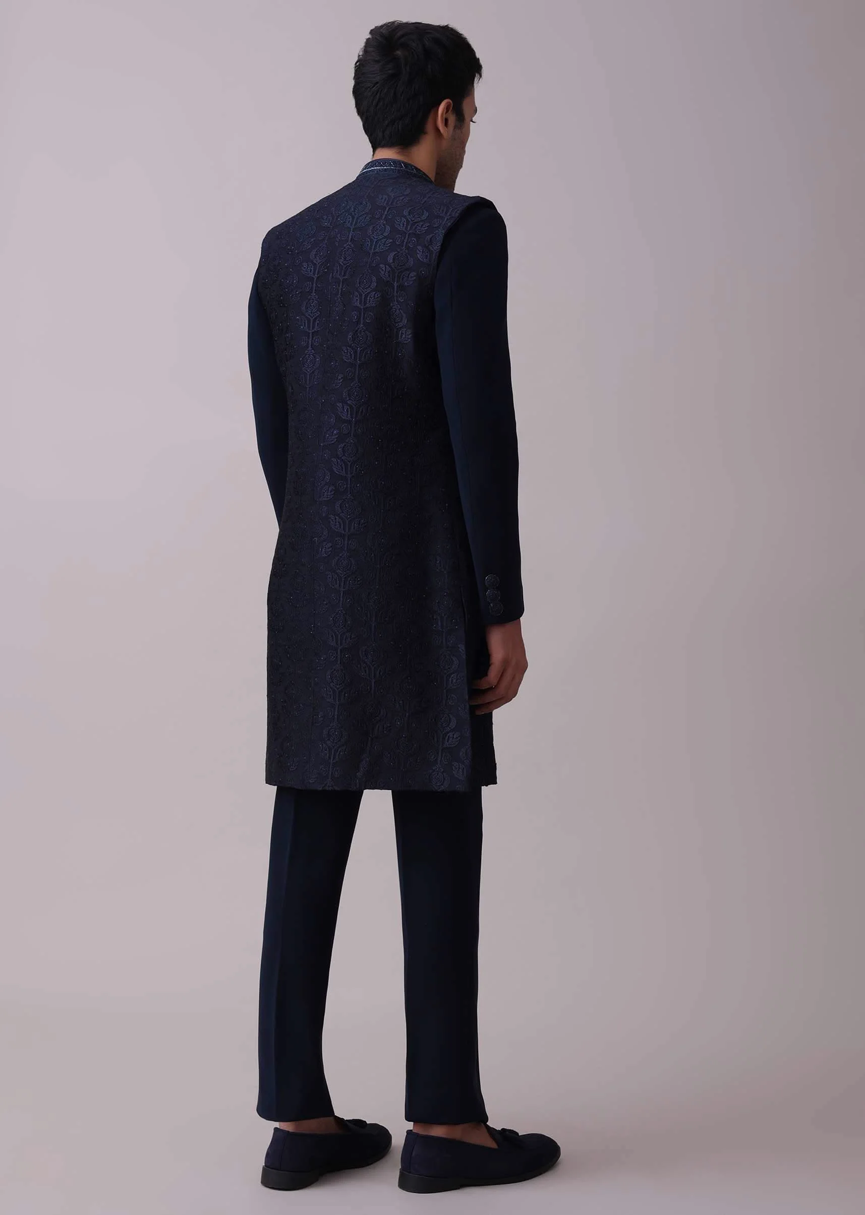 Navy Blue Indowestern Achkan Set In Suiting Fabric With Moti Embroidery - Image 5