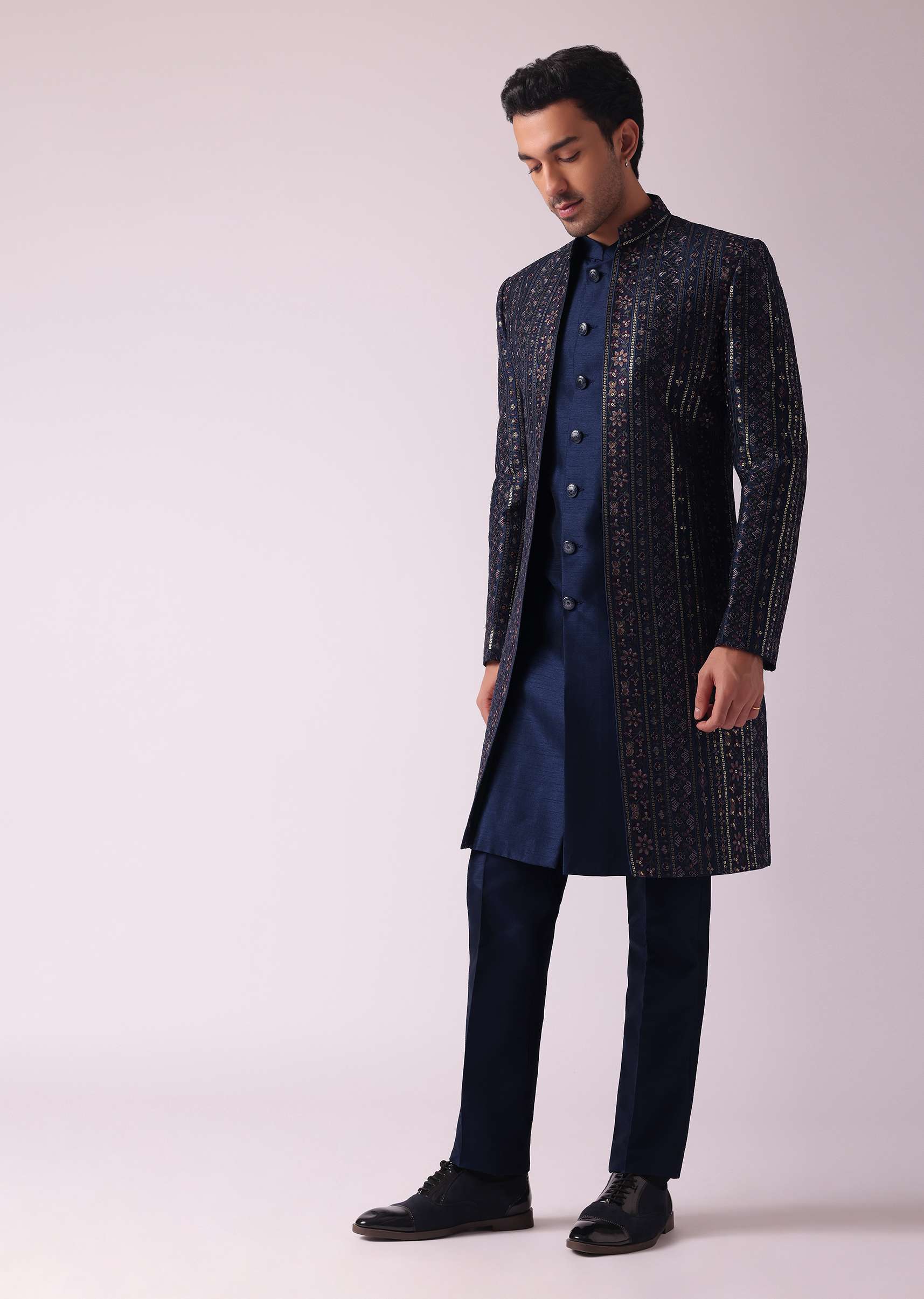 Navy Blue Indowestern Set In Dupion - Image 6