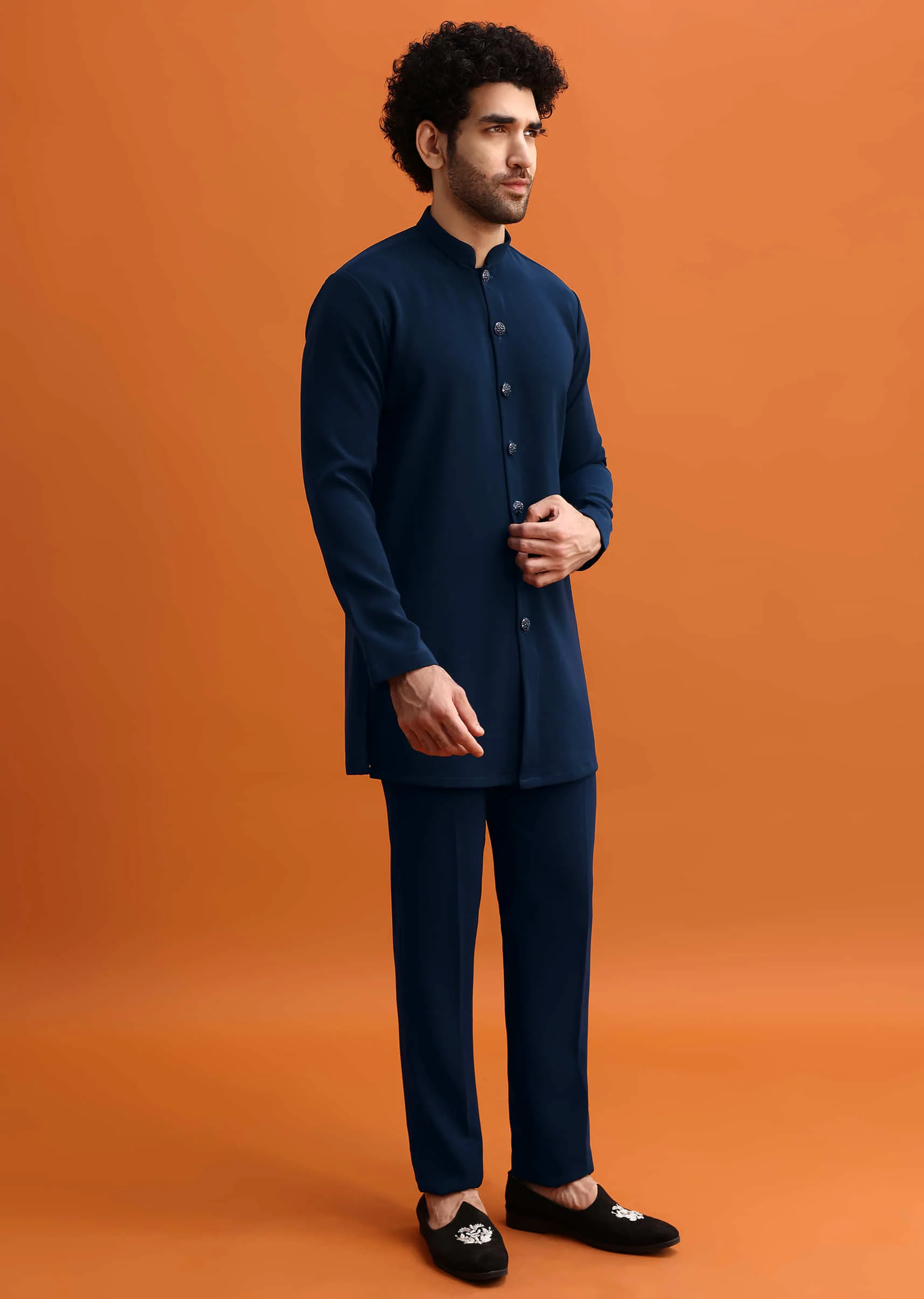 Navy Blue Indowestern Set With Hand Work For Men - Image 6