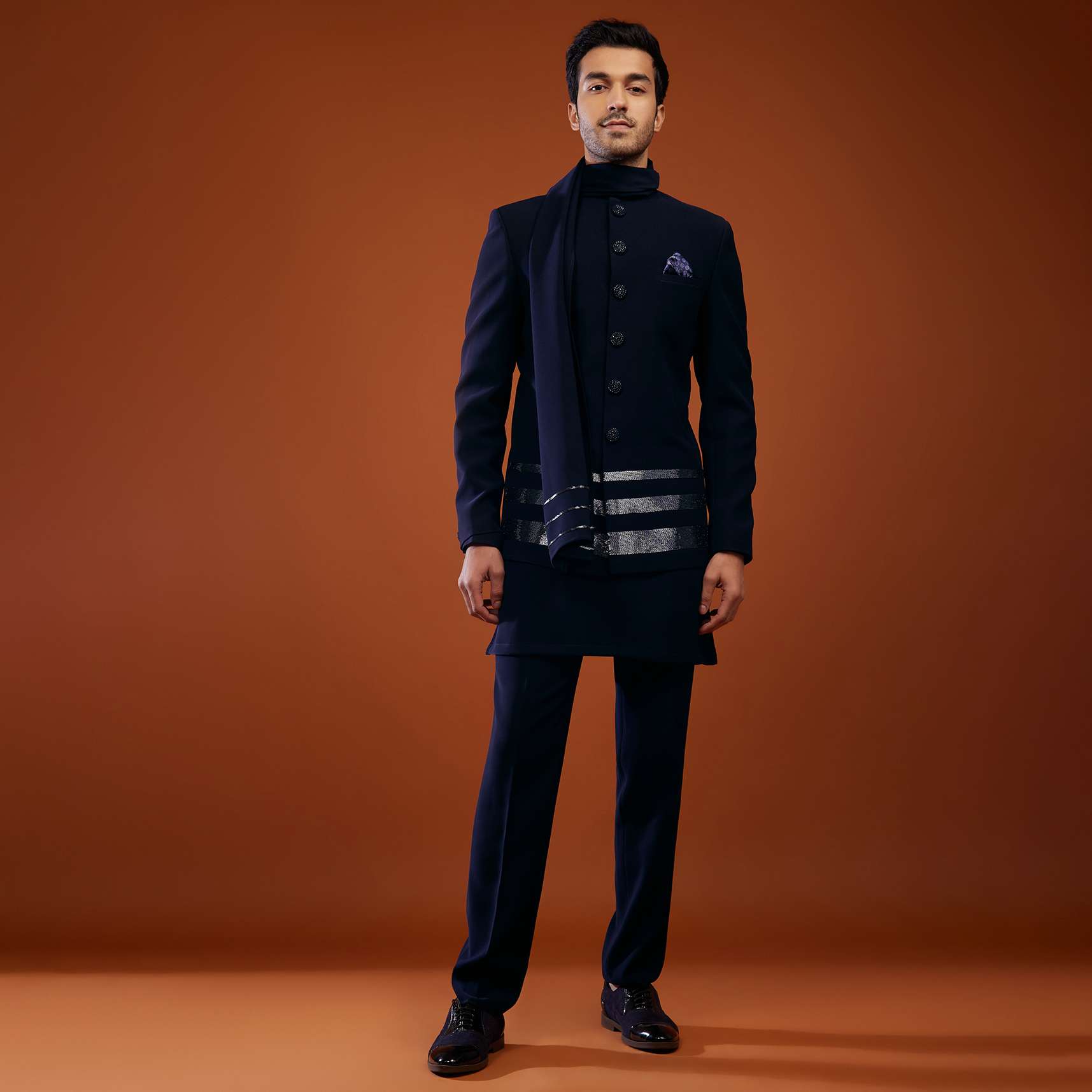 Navy Blue Jodhpuri Sherwani Set In Imported Suiting Fabric - Image 3