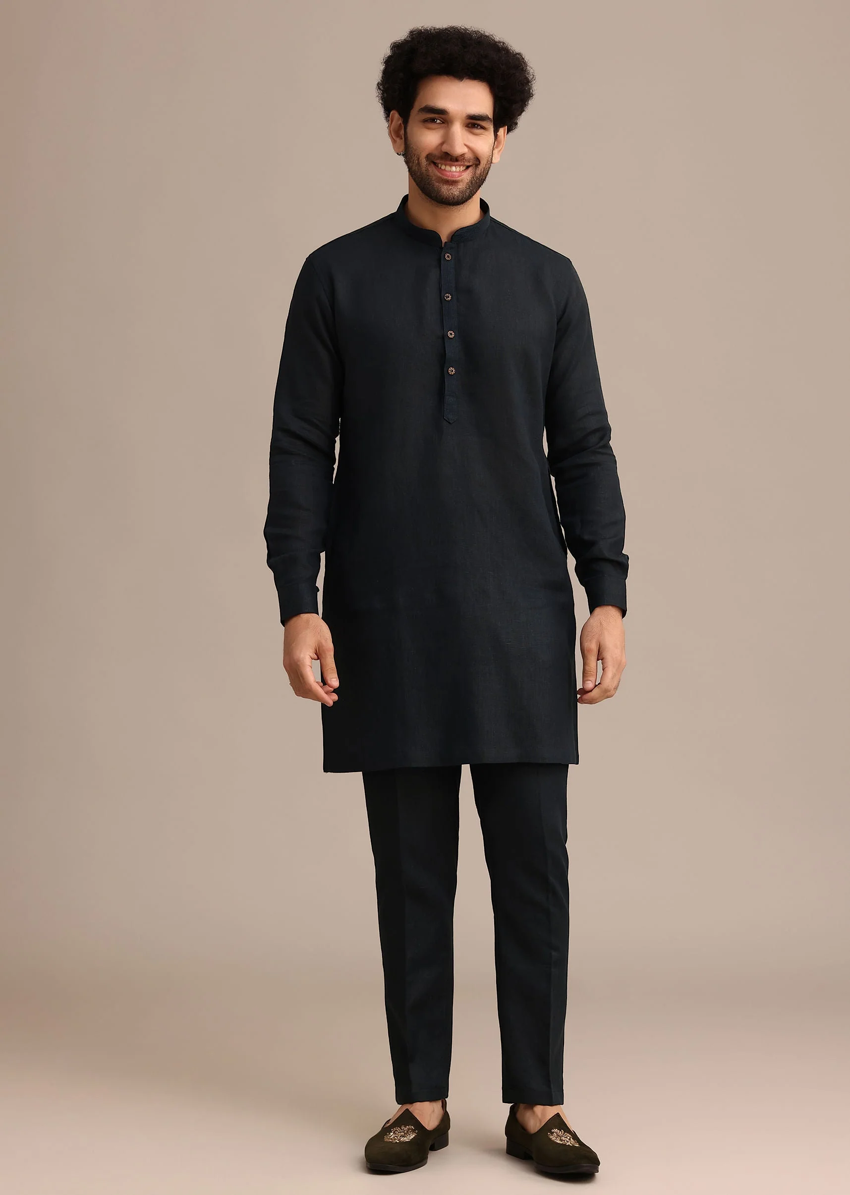 Navy Blue Linen Zardosi Embroidered Jacket Kurta Set - Image 6