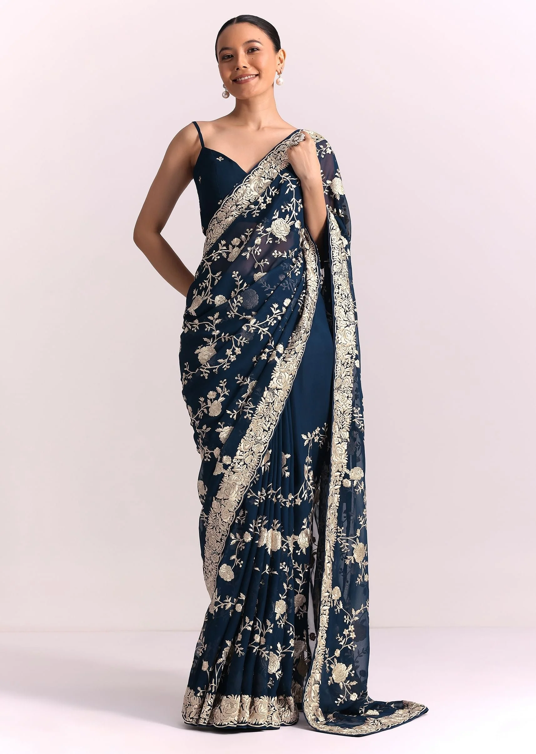 Navy Blue Georgette Saree With Parsi Gara Thread Embroidery - Image 3