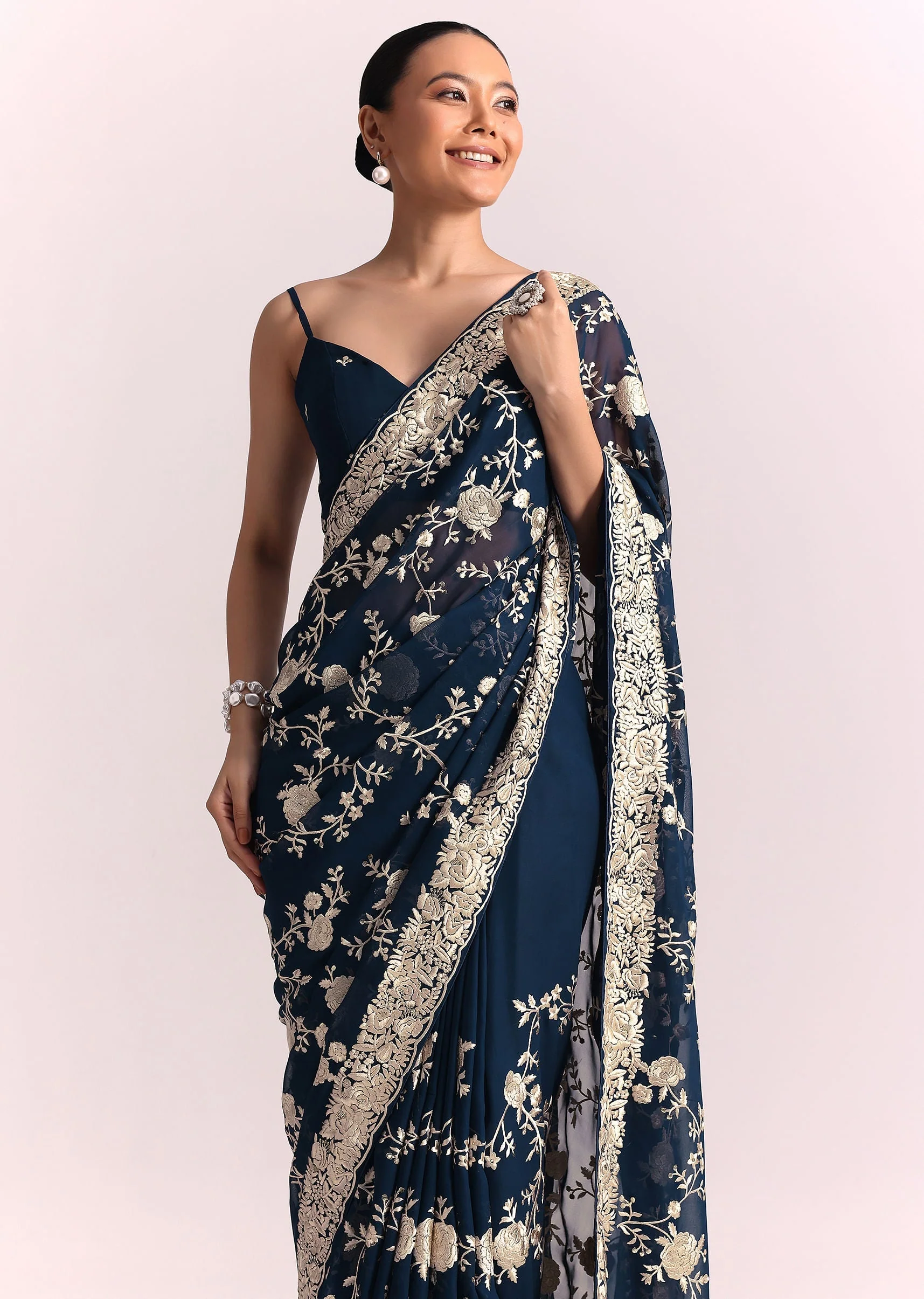 Navy Blue Georgette Saree With Parsi Gara Thread Embroidery - Image 5