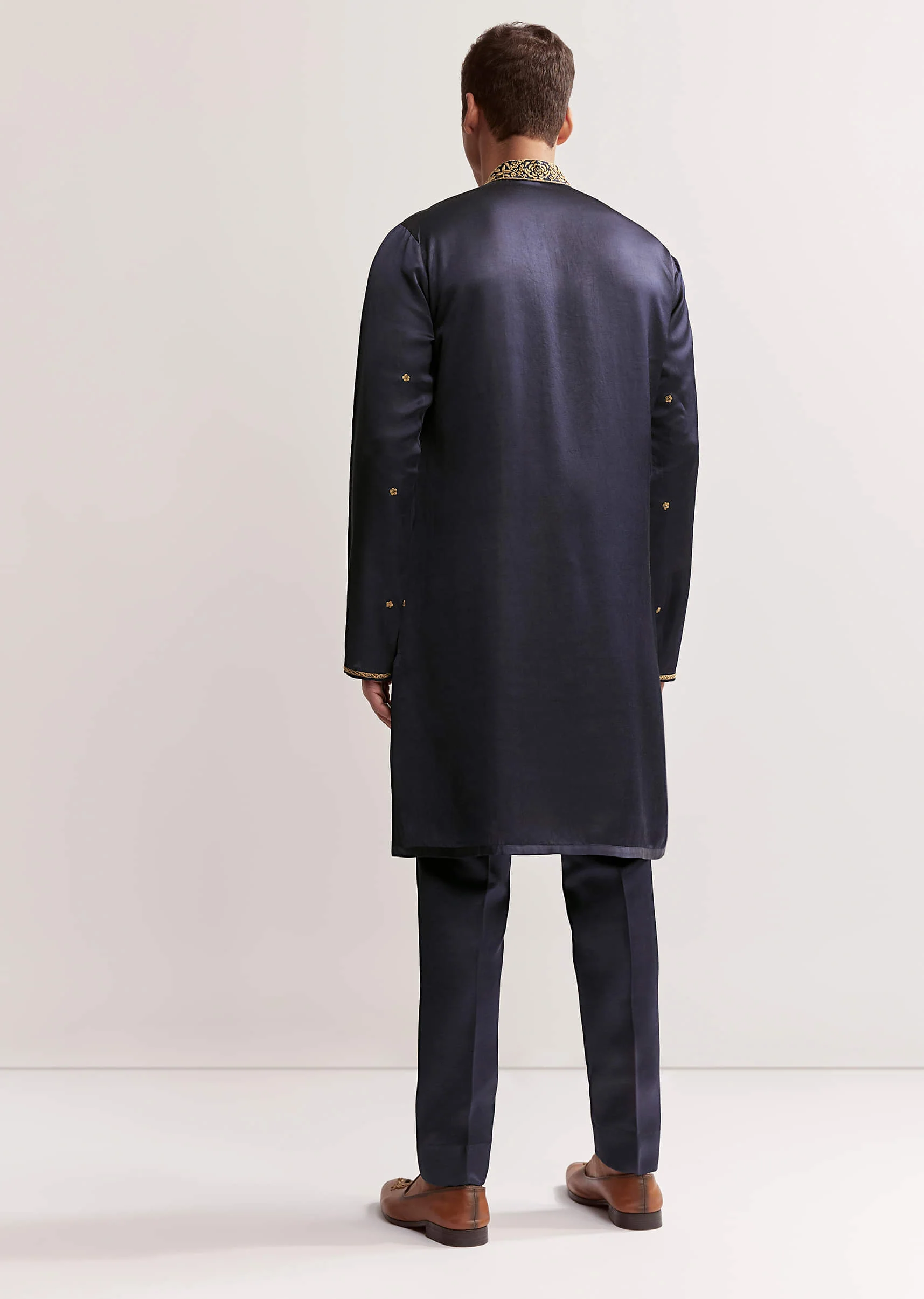 Navy Blue Satin Blend Kurta Set For Men With Zardosi Work - Image 5