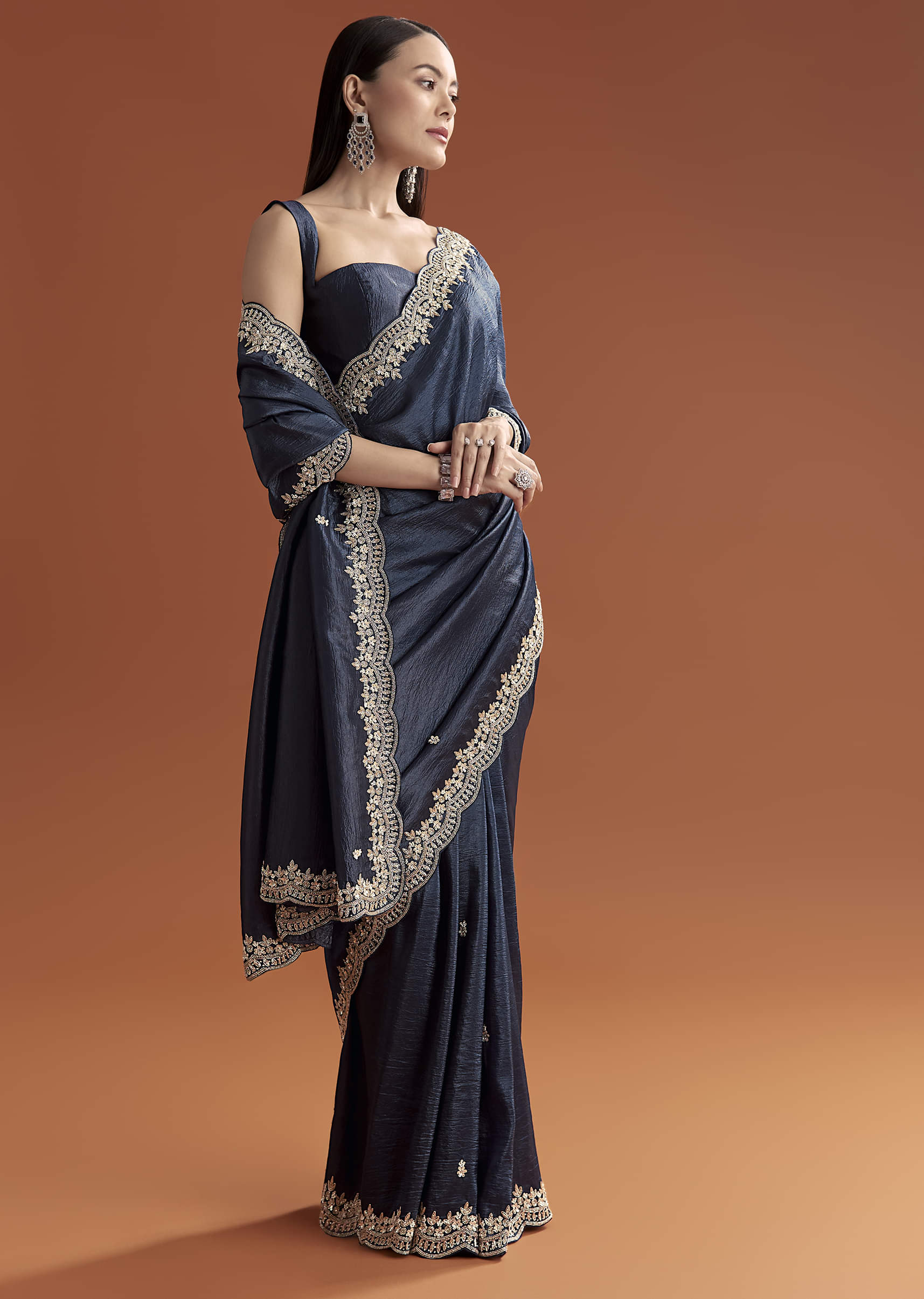 Navy Blue Tissue Saree With Scallop Border And Sequin Work - Image 3