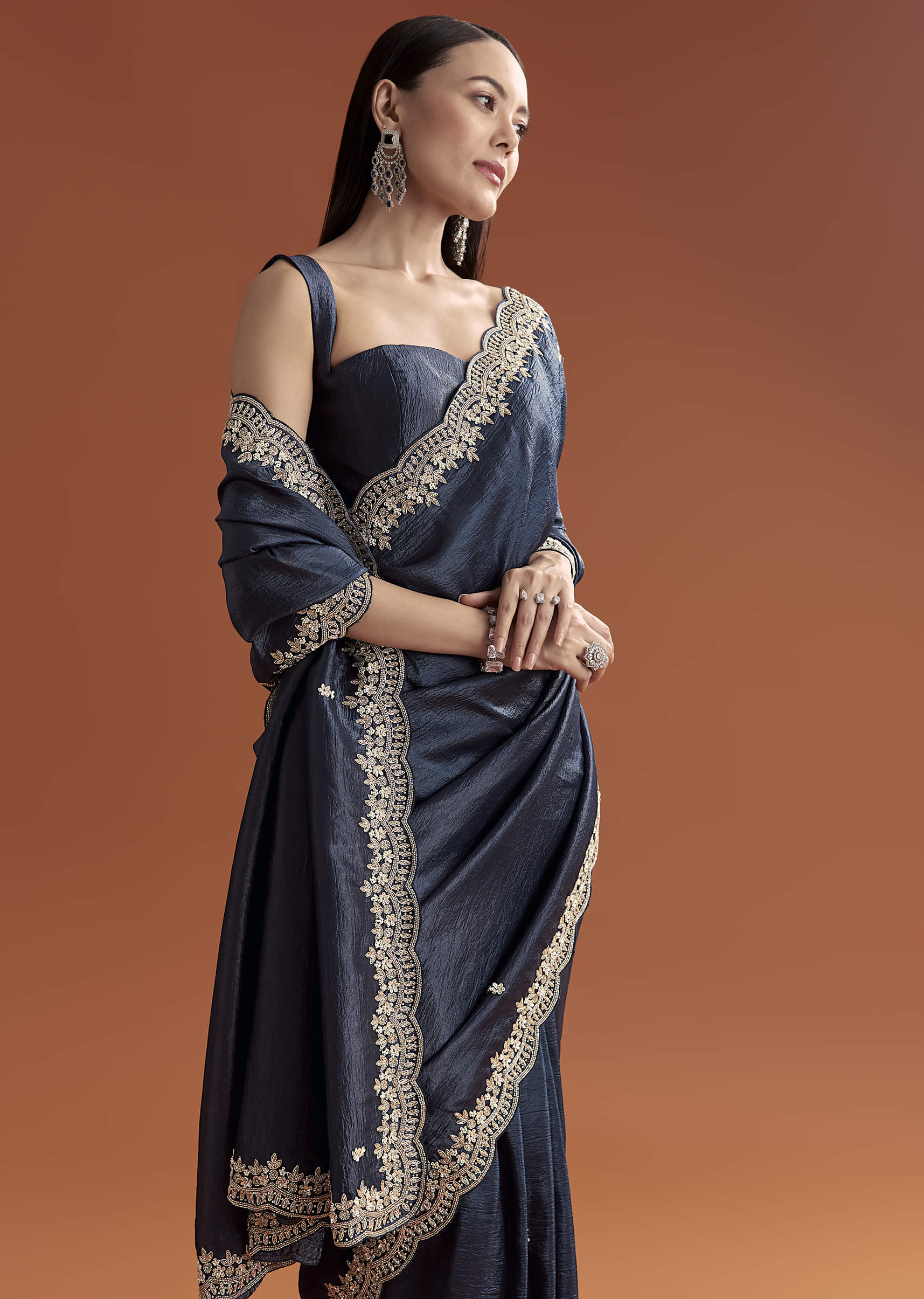 Navy Blue Tissue Saree With Scallop Border And Sequin Work - Image 5