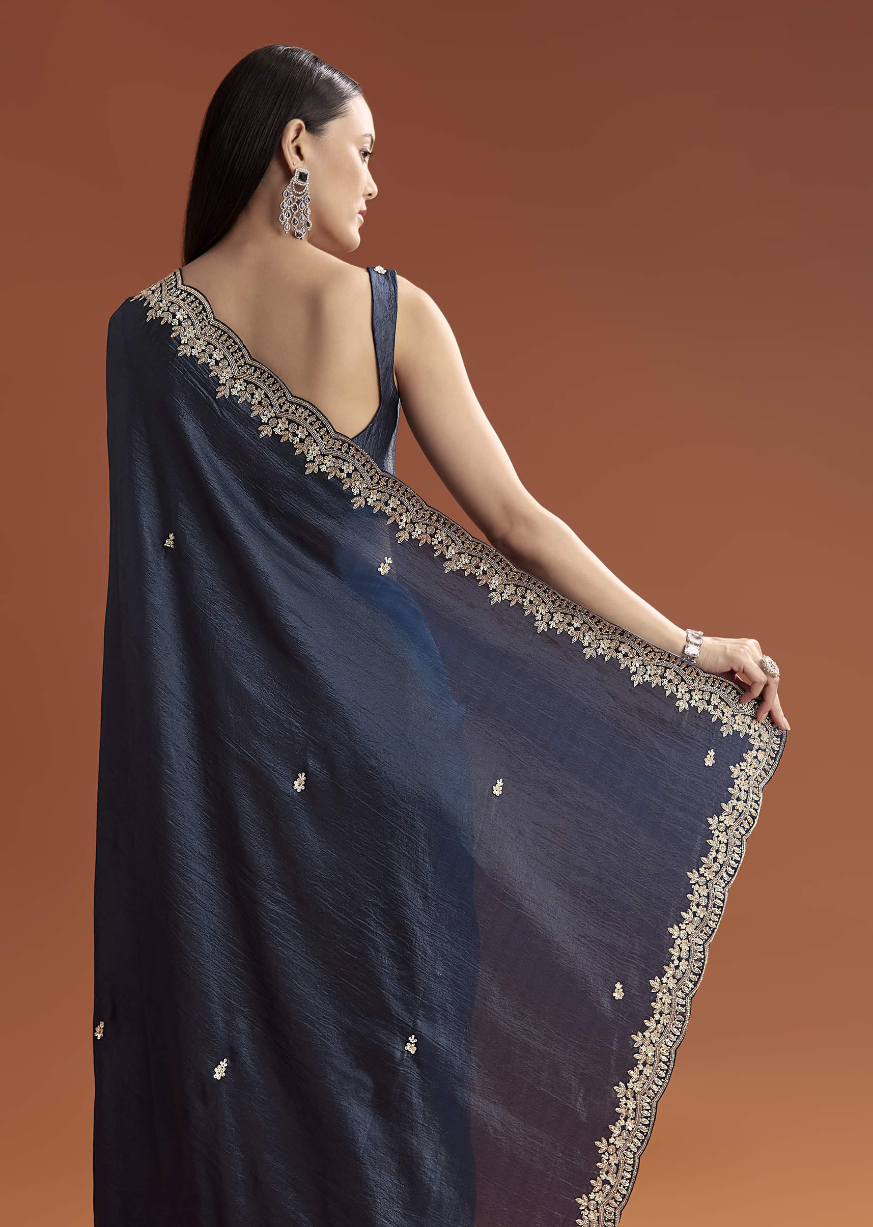 Navy Blue Tissue Saree With Scallop Border And Sequin Work - Image 6