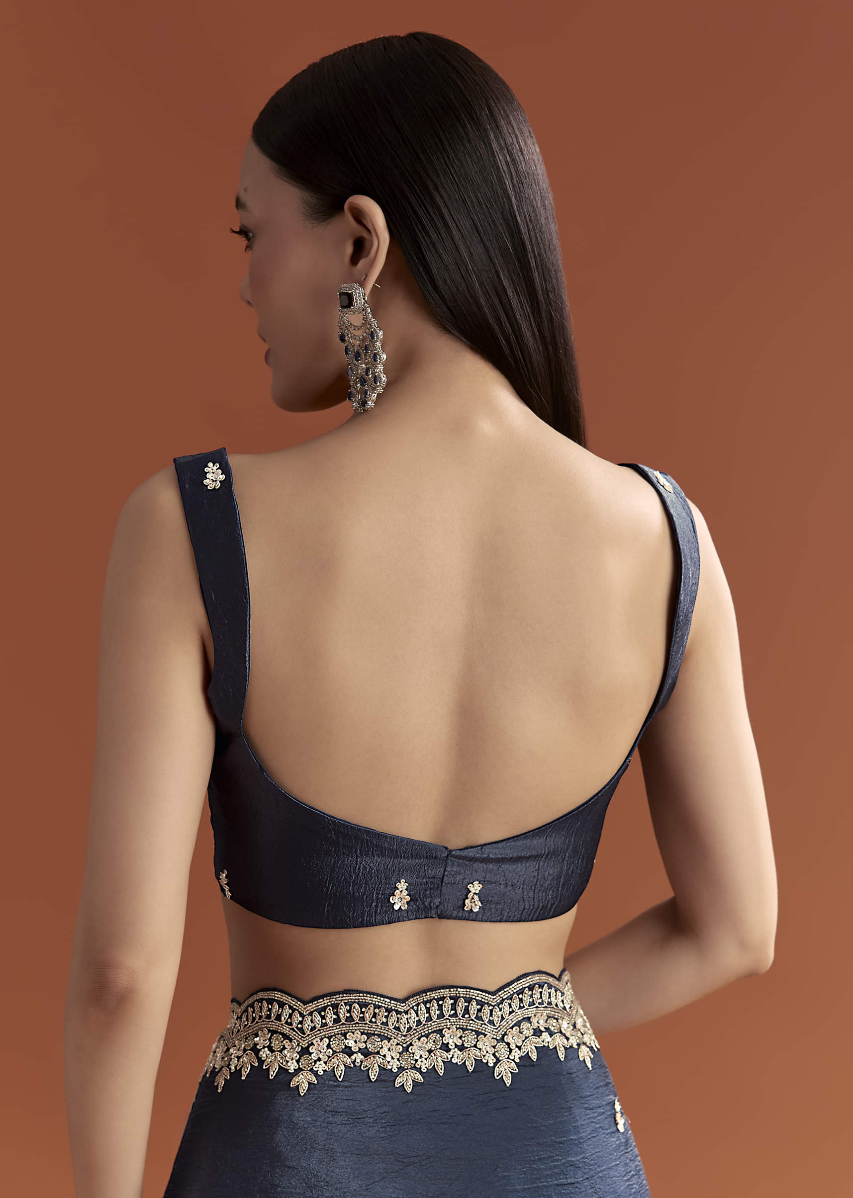 Navy Blue Tissue Saree With Scallop Border And Sequin Work - Image 7