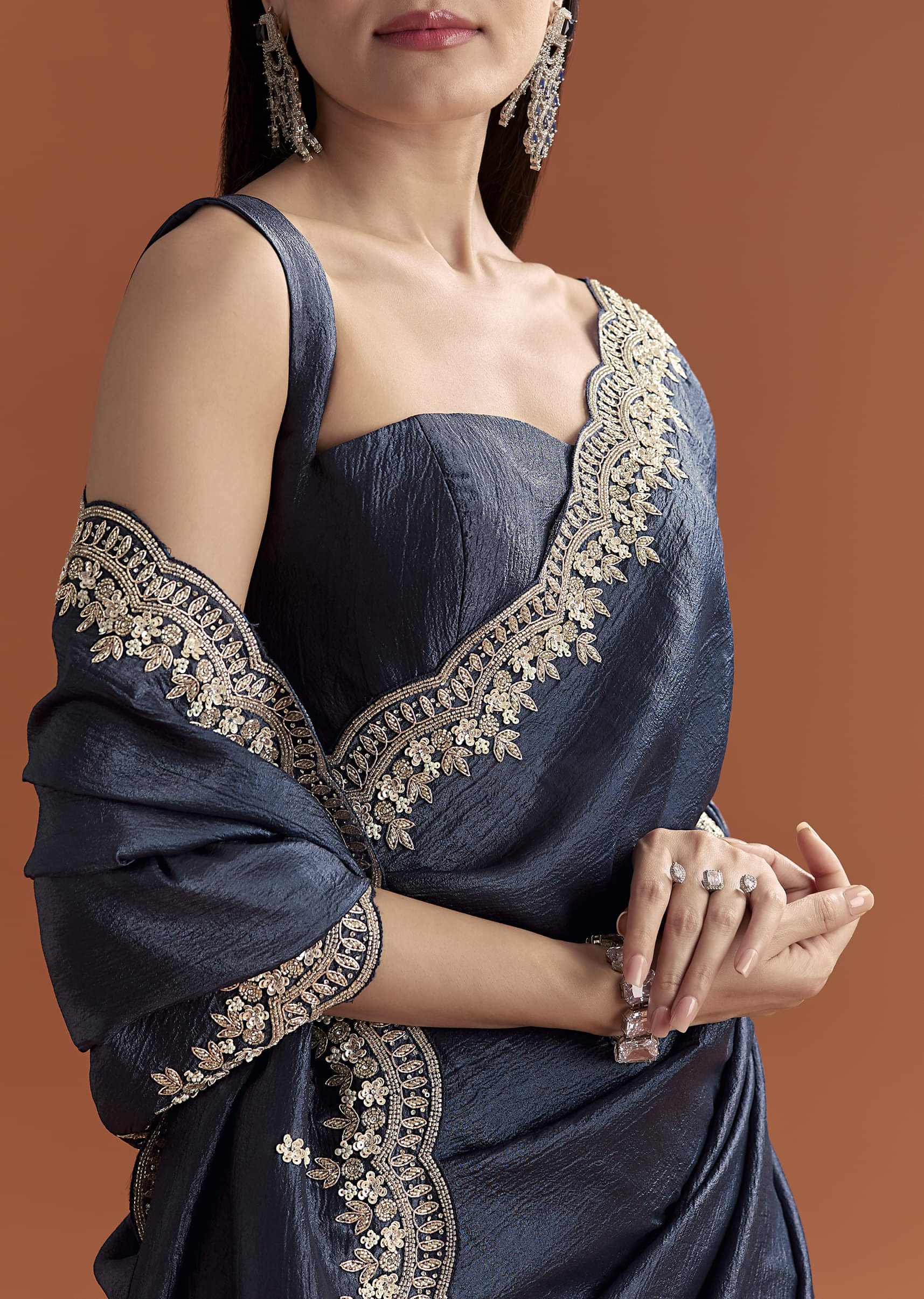 Navy Blue Tissue Saree With Scallop Border And Sequin Work - Image 9