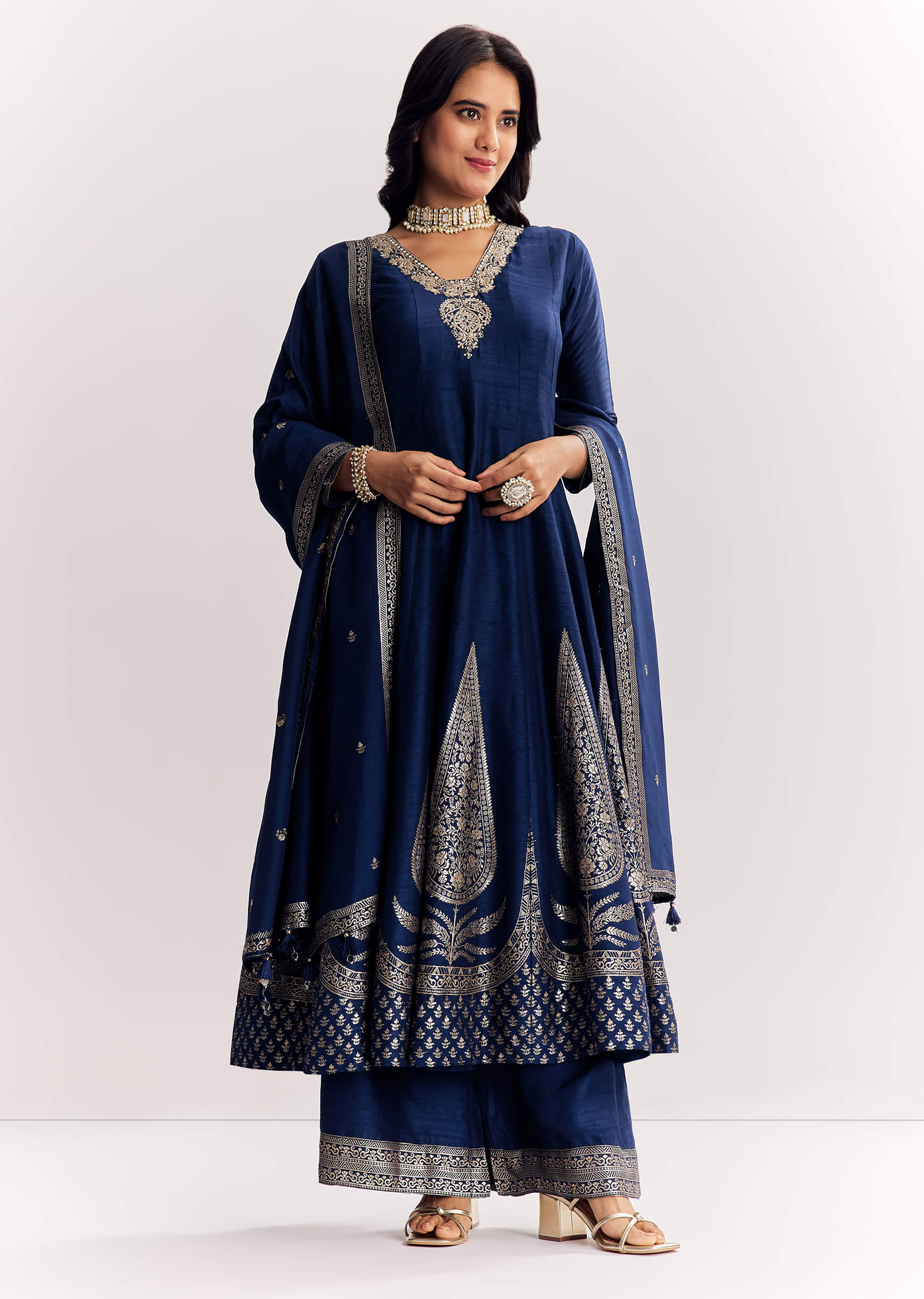 Navy Blue Weave Silk Anarkali Suit With Dupatta - Image 3