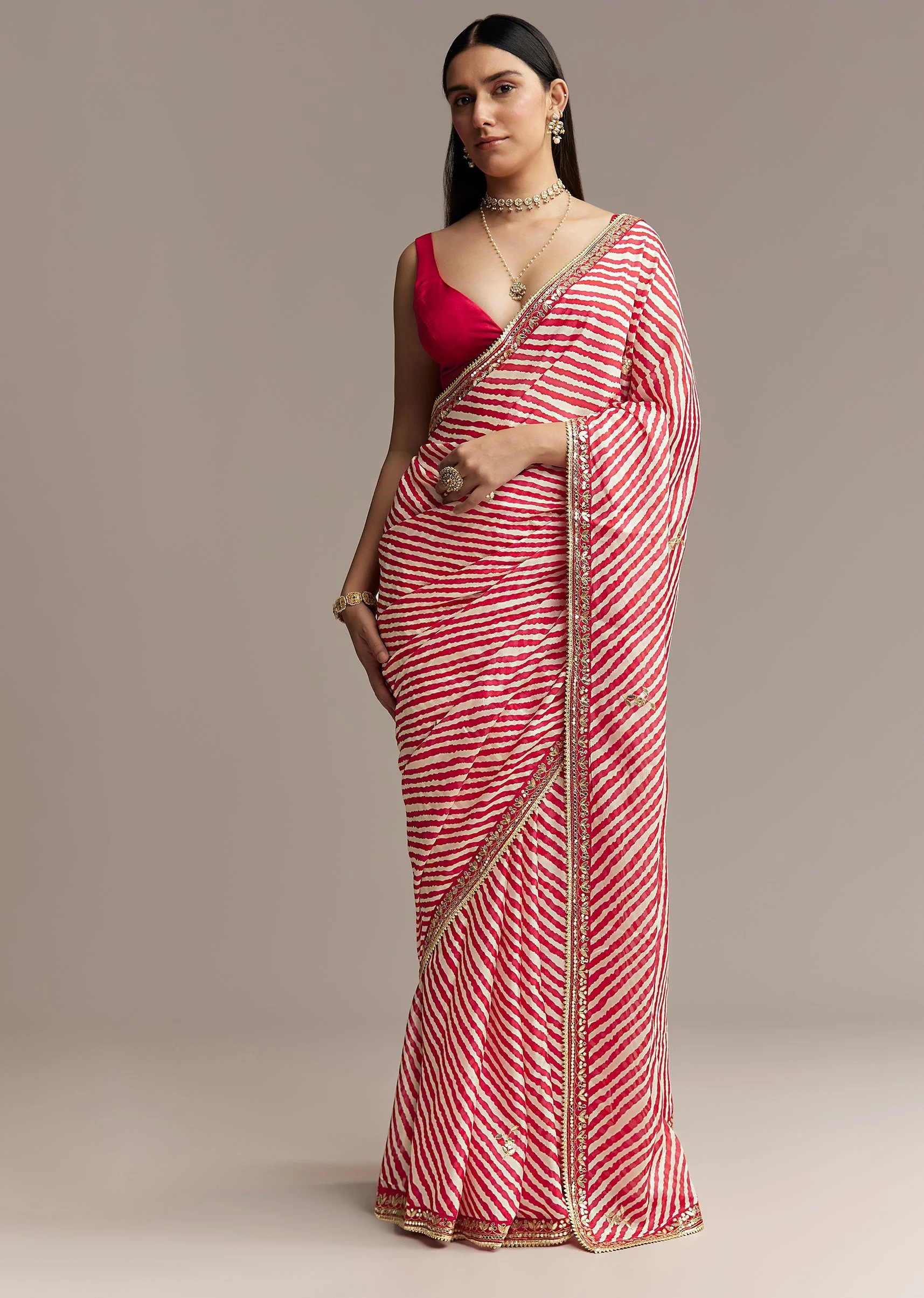 Off White And Red Striped Chinnon Saree With Gota Work - Image 3
