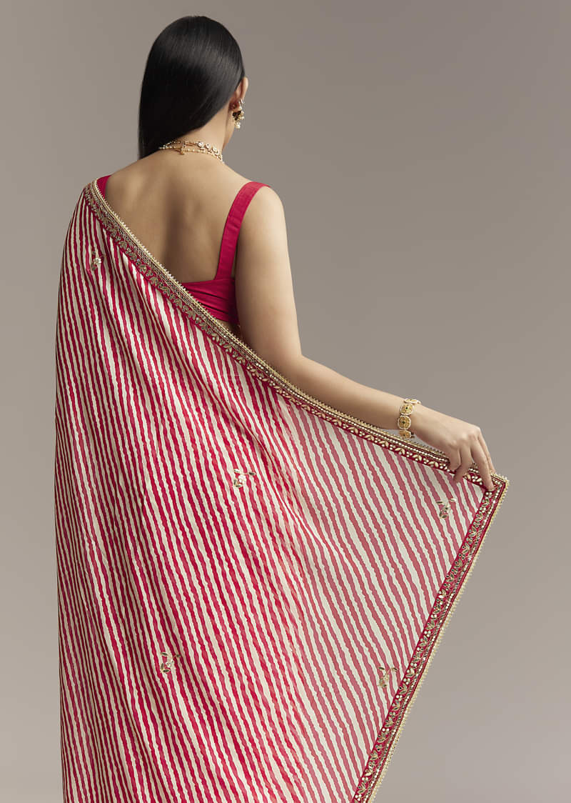 Off White And Red Striped Chinnon Saree With Gota Work - Image 6